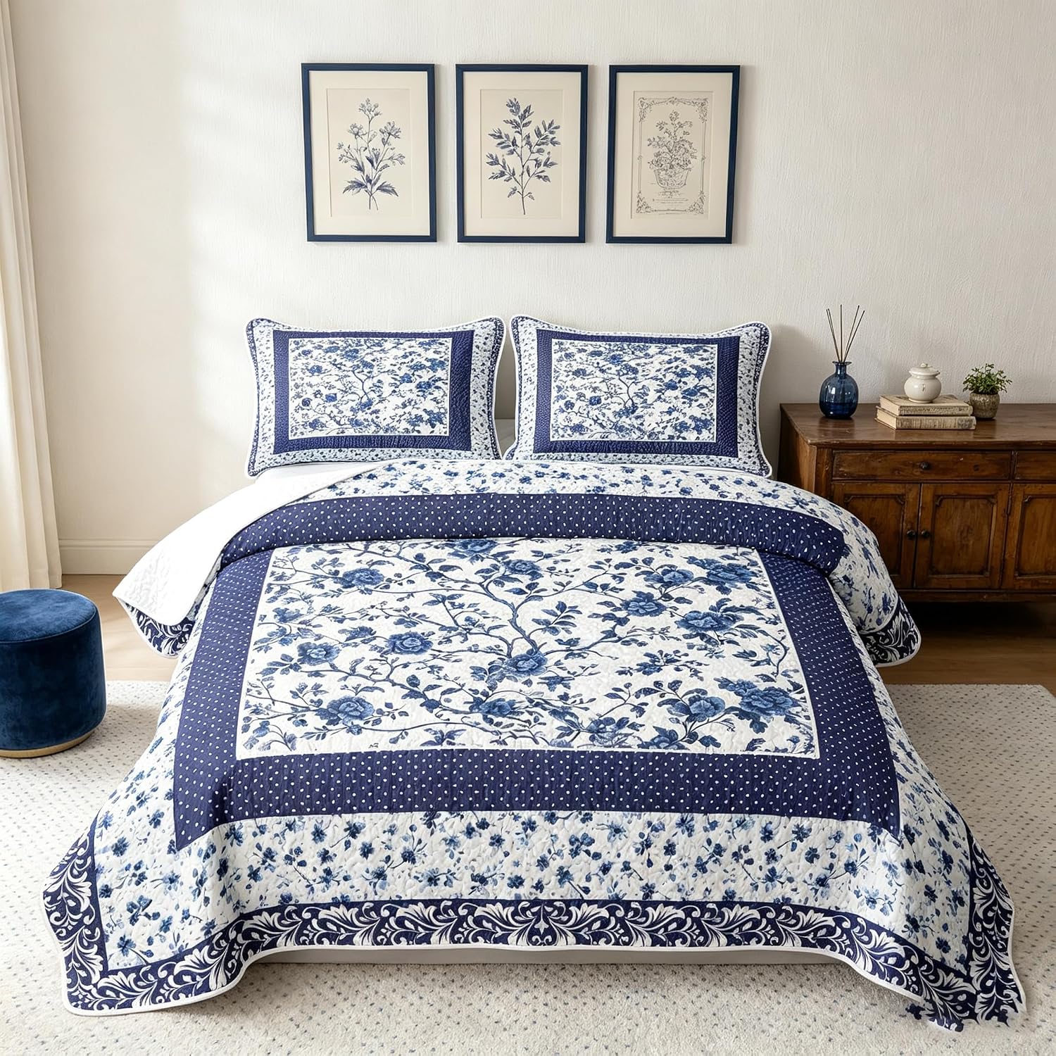 Feelyou Floral Quilt Set Retro Pop Art Floral Pattern Bedspread Queen Size