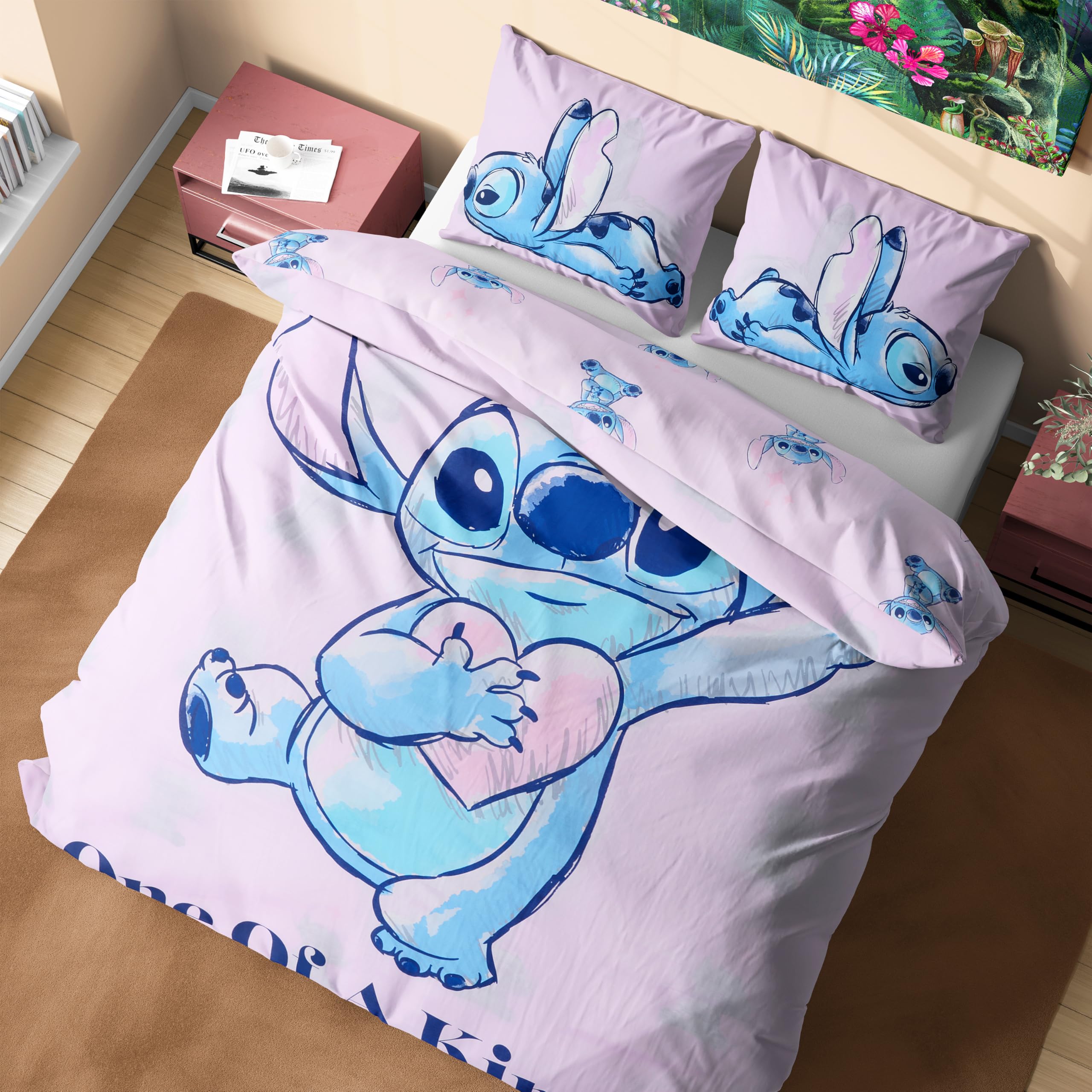 Disney Stitch Duvet Cover and Pillowcase Set, Single or Double Size, Bedroom Accessories for Kids Teens (Pink Stitch Double)