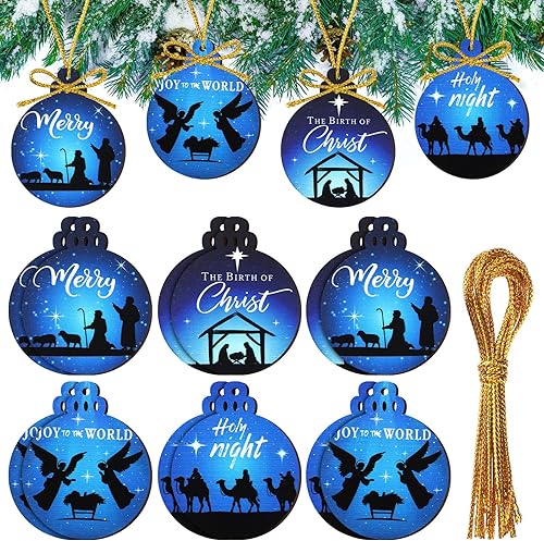 12 adornos de Navidad religiosos para árbol de Navidad, adornos de árbol de madera, adornos vintage cristianos de Jesús para árbol de Navidad, casa