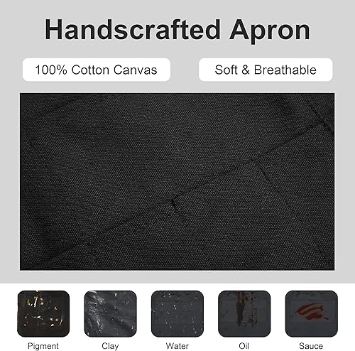 Miniatura 6 de MyLifeUNIT Delantal de artista, delantal de pintura ajustable con 10 bolsillos para artes y manualidades, delantal de cerámica de lona negra