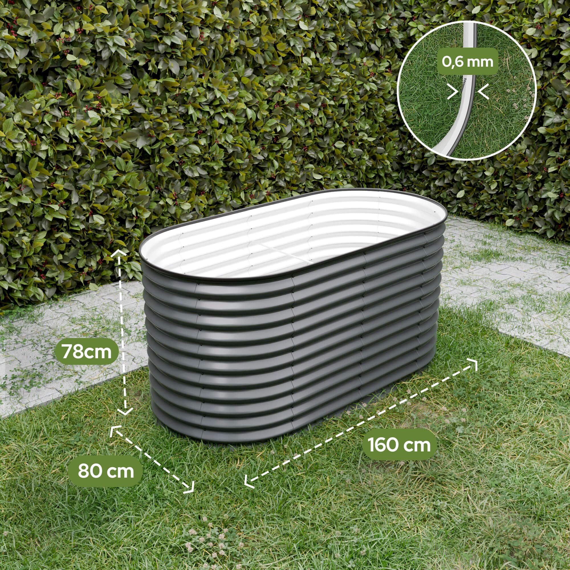 Arebos Hochbeet oval Metall 160x80x78 cm Anthrazit | Gartenbeet verzinkter Stahl rostfrei mit Gummikante 780 L, Stabil mit Querstreben | Gemüsebeet ideal für den Garten | für Gemüse, Kräuter & Blumen