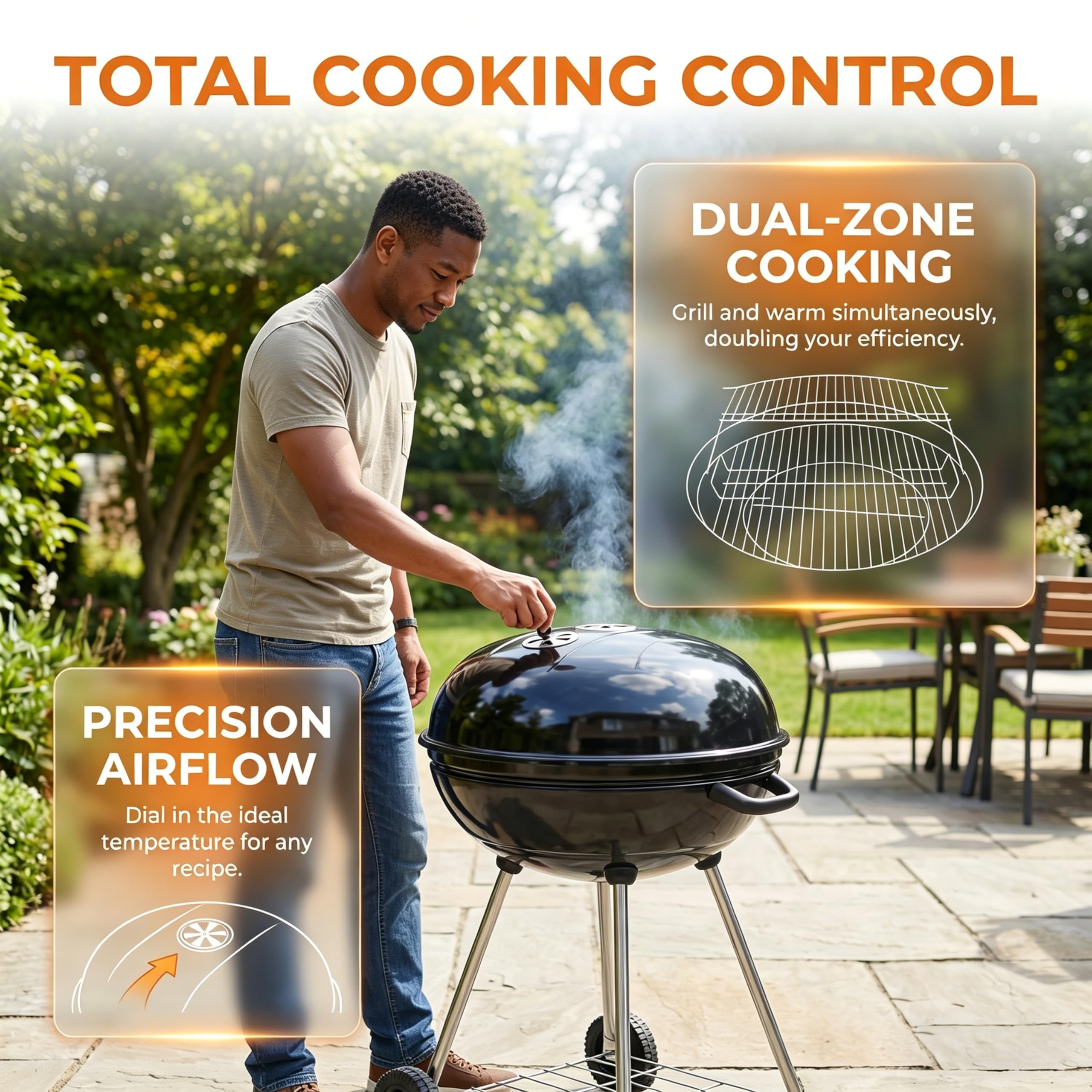 Elitzia ETBBQ01 Przenośny grill na węgiel drzewny z kółkami, czajnik, grill na zewnątrz, grill, pionowy kemping, podwórko, patio, ogród, okrągły grill na węgiel drzewny, do gotowania na świeżym