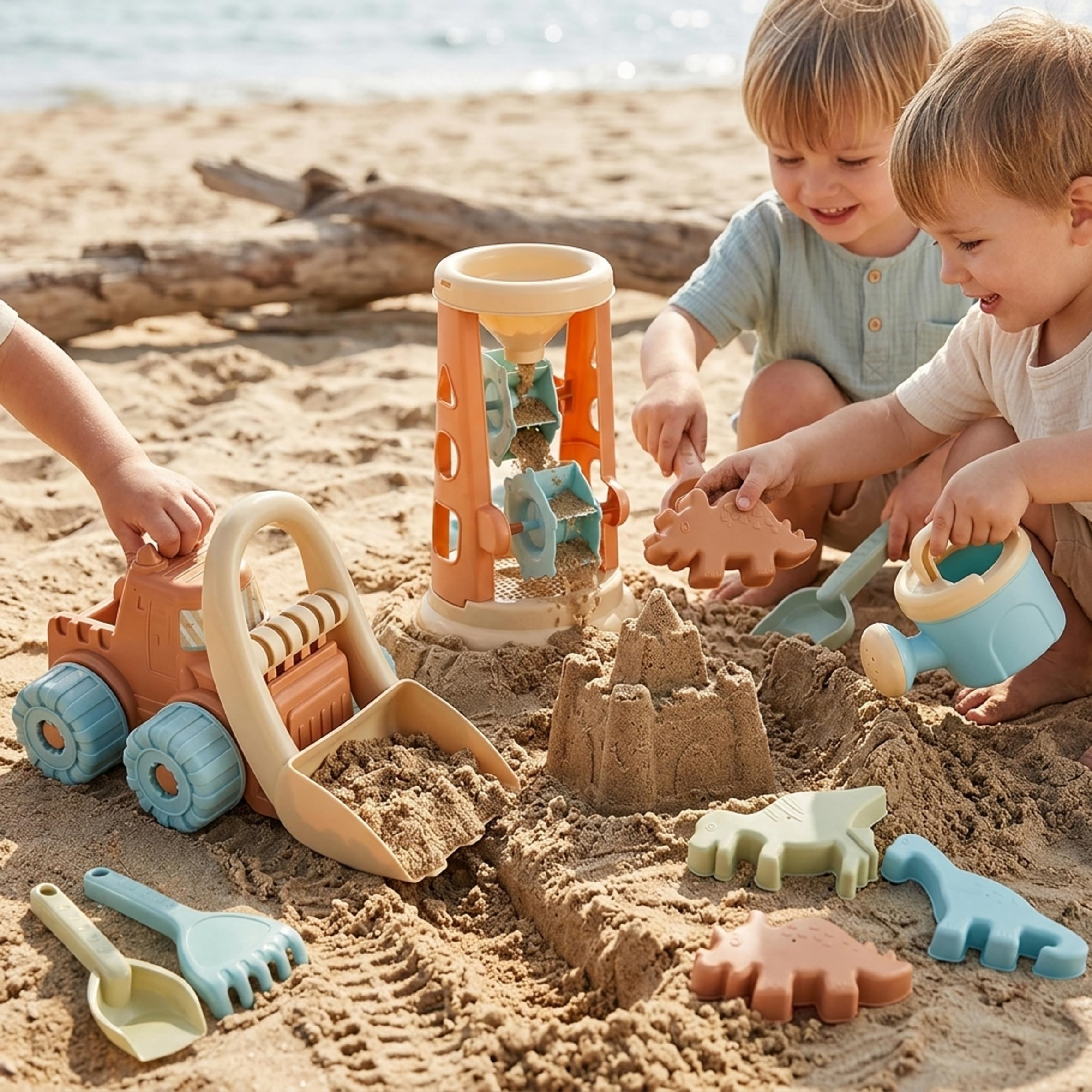 Giochi con sabbiera, 19 Pezzi: Set Giochi con Sabbia - Giocattolo da Spiaggia per Bambini da 1 a 3 Anni con Carrello, Clessidra, stampi e Pale, Colore Cammello