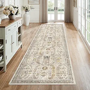 Madane 3x12 Hallway Runner Rug - Non Slip Washable 12ft Runner for Hallways Soft Vintage Kitchen Rugs Low-Pile Carpet Runner for Entryway Bathroom Thin Floor Mat for Bedroom Dining Room, Brown/Gold