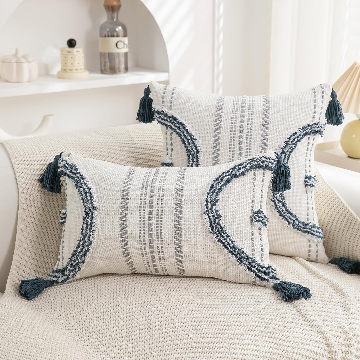 Boho Throw Pillow Covers 18x18 Set of 2 Cotton Woven Tufted Farmhouse Pillows Covers with Tassels Outdoor Neutral Navy Decorative Pillowcases Square Textured Accent Cushion Cases for Couch Bed Sofa - Image 7