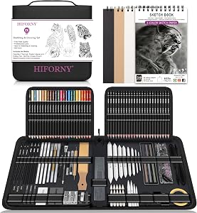 HIFORNY 126 PCS Drawing Kit Sketching Pencil Set,Sketch Pencils Art Supplies with 3-Color Sketchbook,Graphite,Charcoal,Blending and Drawing Tools,Drawing Pencils for Adults Artists in Zipper Case