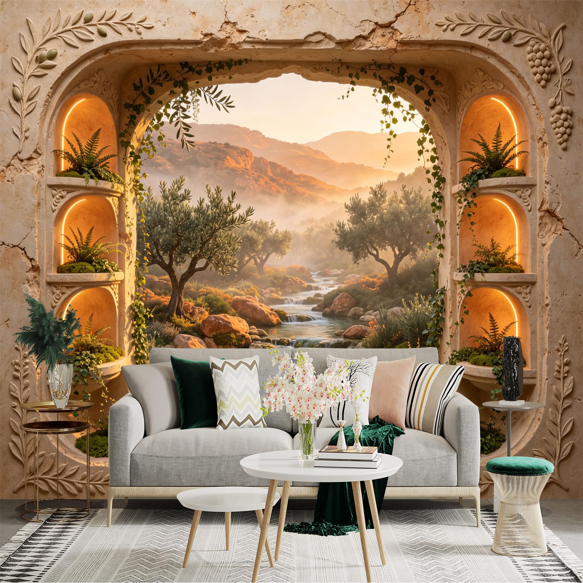 Custom Size Wall Sticker Mural， Mediterranean Landscape with Olive Trees， River and Stone Arch Window， for wall Decoration， peelandstick wall Decals.