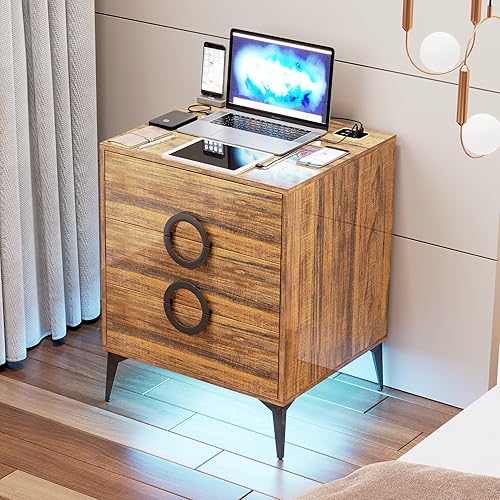 DNBSS Mesita de noche con estación de carga mesita de noche LED de alto brillo mesita de noche con 3 cajones mesa auxiliar de camasoportes de noche disponible en Yaxa Guatemala