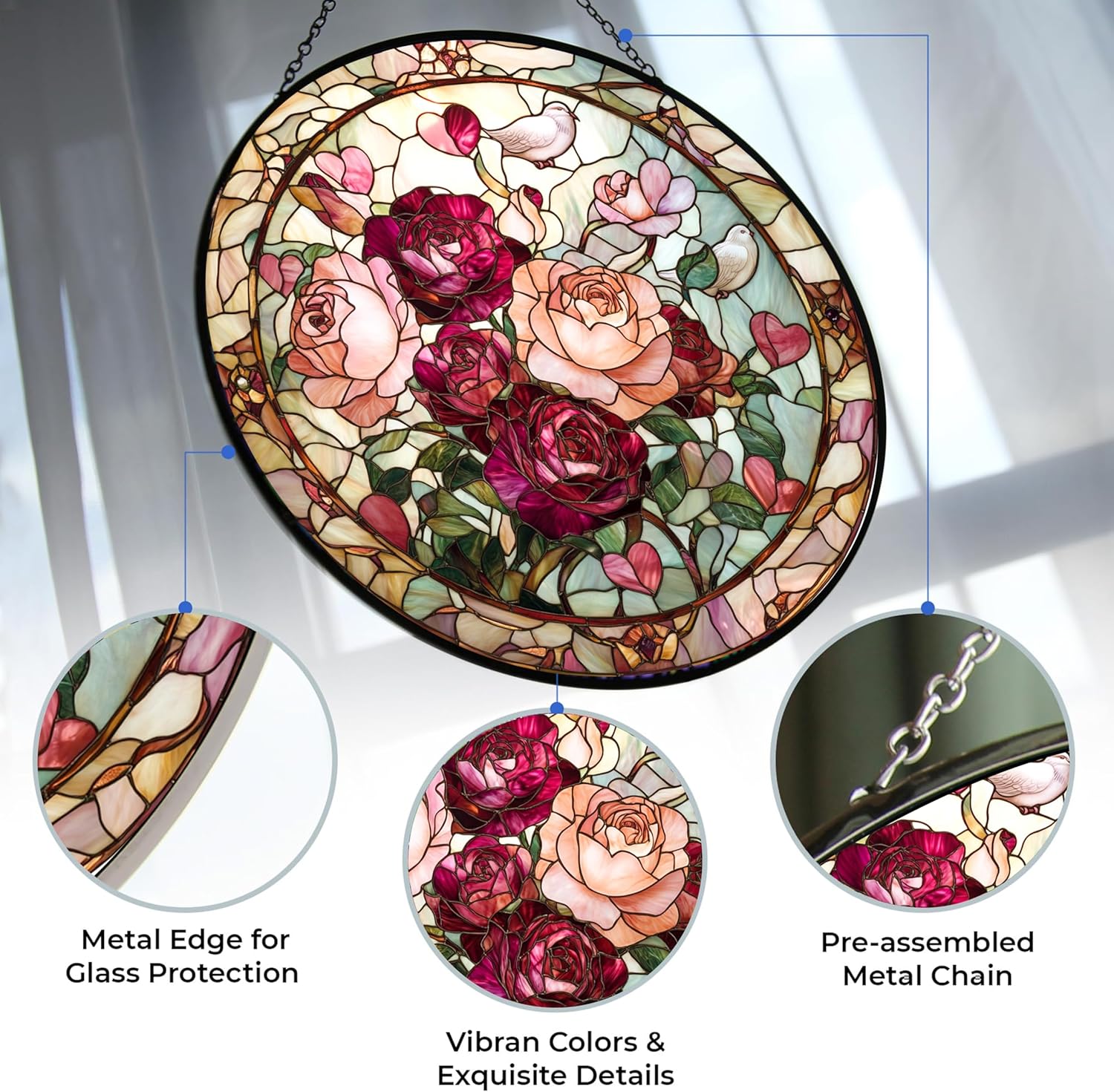 Valentine Blooming Roses Stained Glass Window Hanging Window Suncatcher 12" Glass Panel with Metal Chain Sun Catchers Wall Art Home Decor Gift for Women Mother's Day
