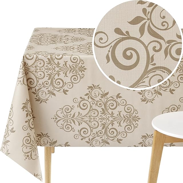 KP HOME Beige PVC Table Cloth Wipe Clean Oilcloth Tablecloth Elegant Baroque Print 200 x 140 cm Rectangle Table Cloth Wipeable Damask Pattern Vinyl Waterproof Tablecloth 78x55 Plastic Table Cover