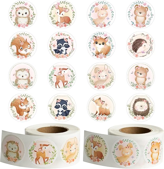 W1cwey 1000pcs Assorted Sticker Rolls(2 Rolls), Design Decorative Cute Stickers Party Favor Decoration for Kids Luggage Scrapbook (Animal)