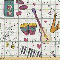 Vista 174 de Ambesonne Tela de Fiesta Popstar por Yarda, Estilo de Dibujos Animados Garabatos Dibujados a Mano Tema Musical Impresión de Arte Lineal, Tela