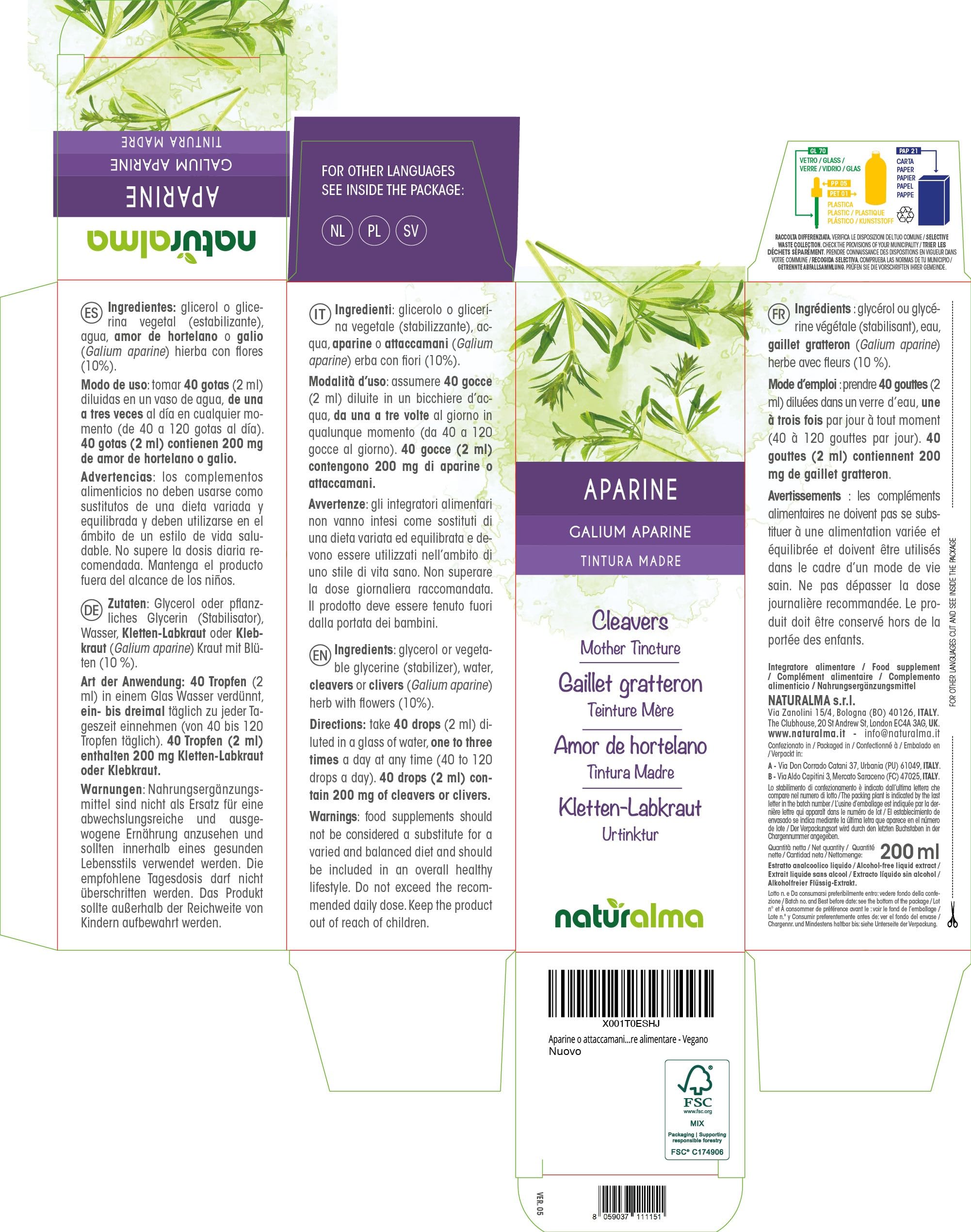 Amor de hortelano o galio (Galium aparine) hierba con flores Tintura Madre sin alcohol Naturalma - Extracto líquido gotas 200 ml - Complemento alimenticio - Vegano