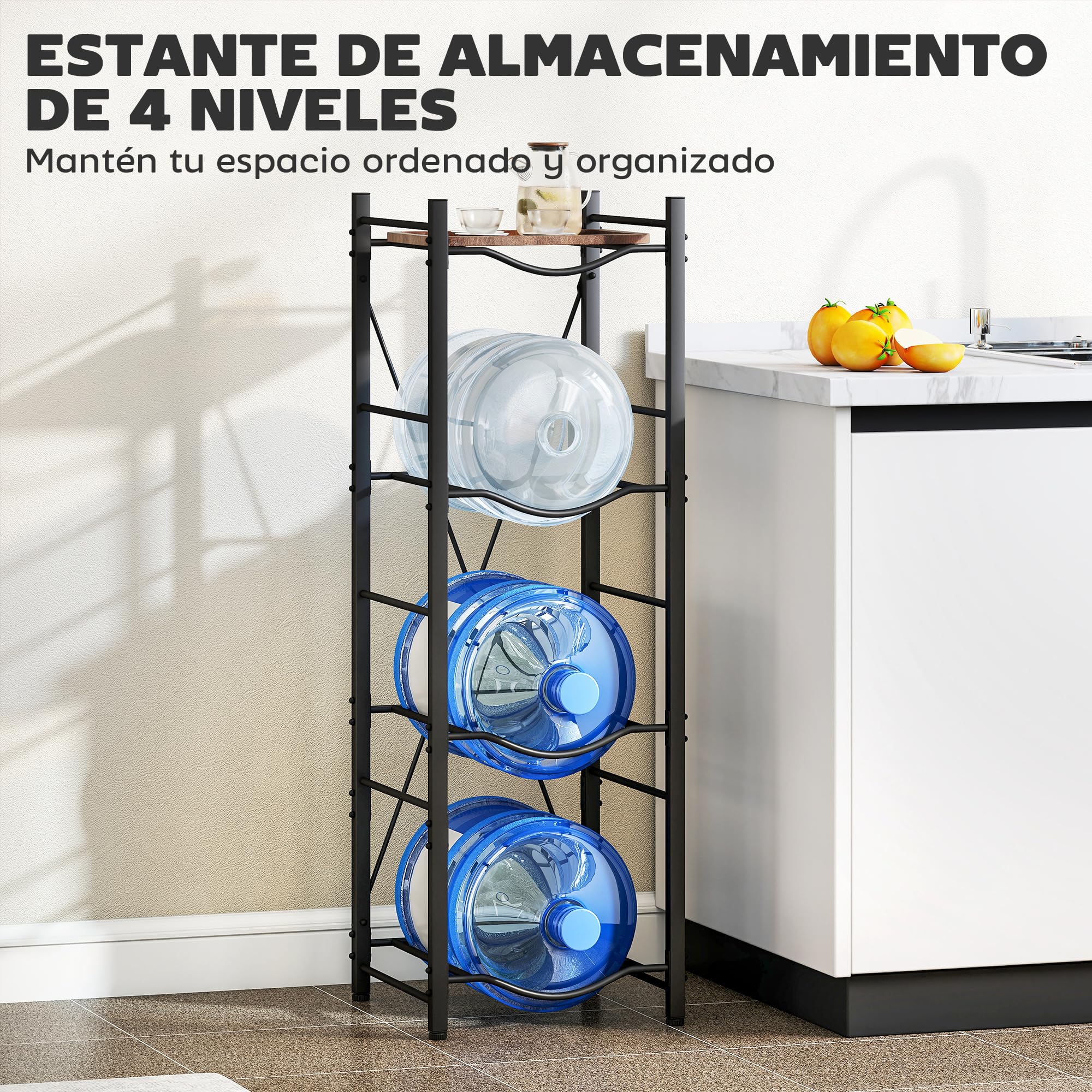HOMCOM Soporte para Garrafones de Agua de 4 Niveles Estante de Almacenamiento para Botellas de Agua con Estructura de Metal Reforzada para Cocina Comedor Sala de Estar Negro