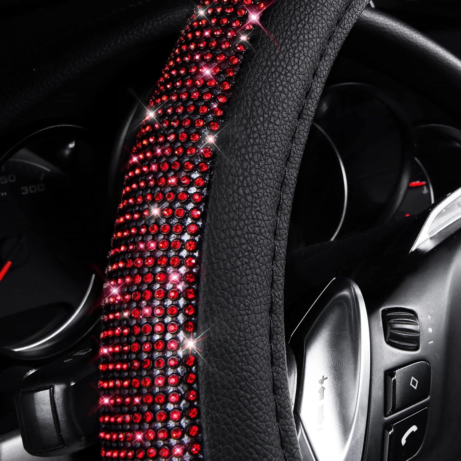 CAR PASS Red Diamond Black Leather Steering Wheel Cover, with Bling Crystal Rhinestones Universal Fit 14" 1/2-15" Crystal Glitter for Women Sparkle Girl Fit Suvs,Vans,Sedans,Cars,Trucks, Red Diamond - Image 3