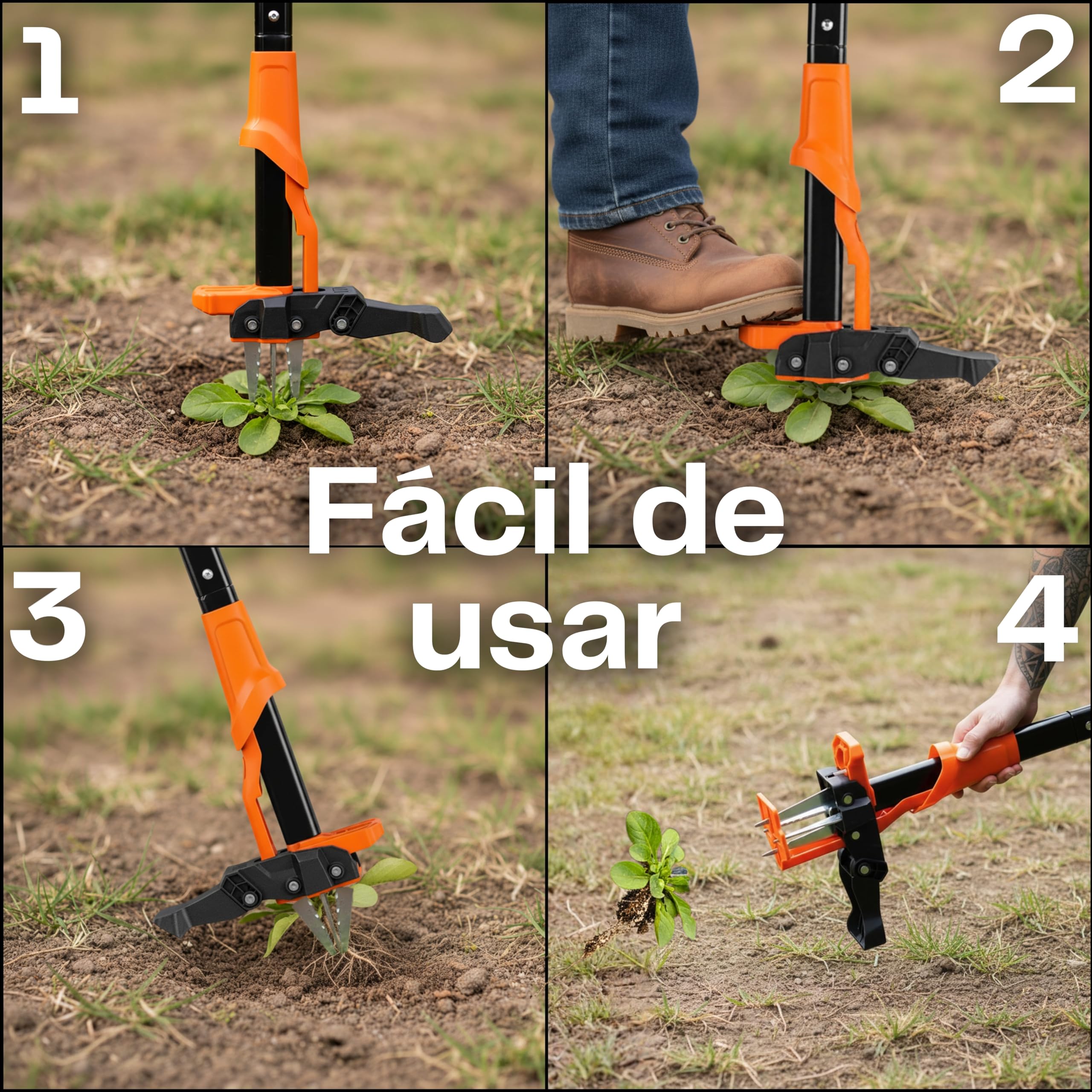 Extractor Malas Hierbas con 4 Puntas de Acero Ultrarresistente y Eyector de Plantas | Herramienta para Quitar Malas Hierbas Jardin Sin Agacharte Y Sin Esfuerzo. Deshierbador Manual Largo 100 Cm