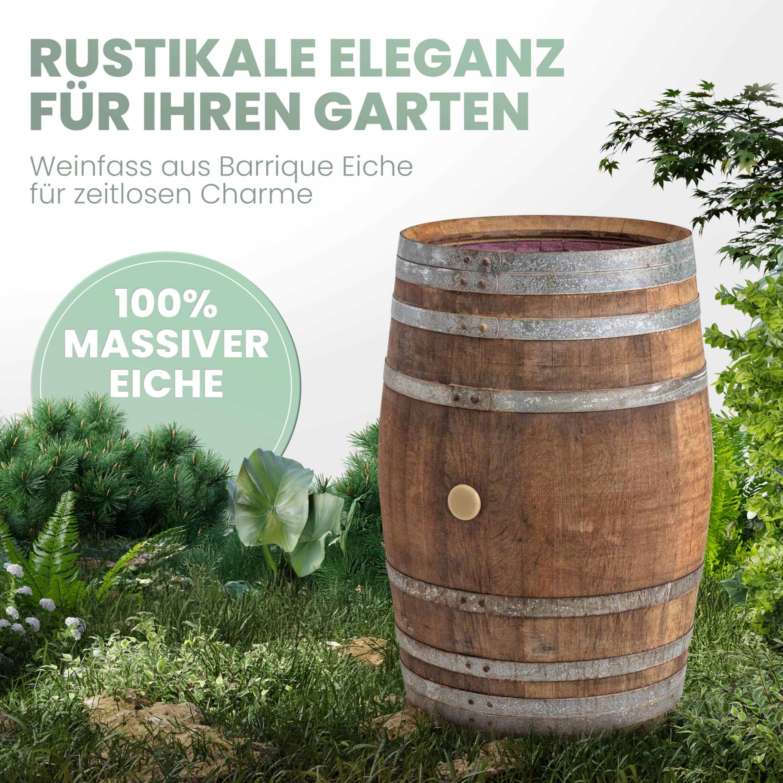 Regentonne, Regenfass Holzfass, Weinfass, Tonne Barrique Eiche 225 Liter Wasserfass - original Temesso-Fass