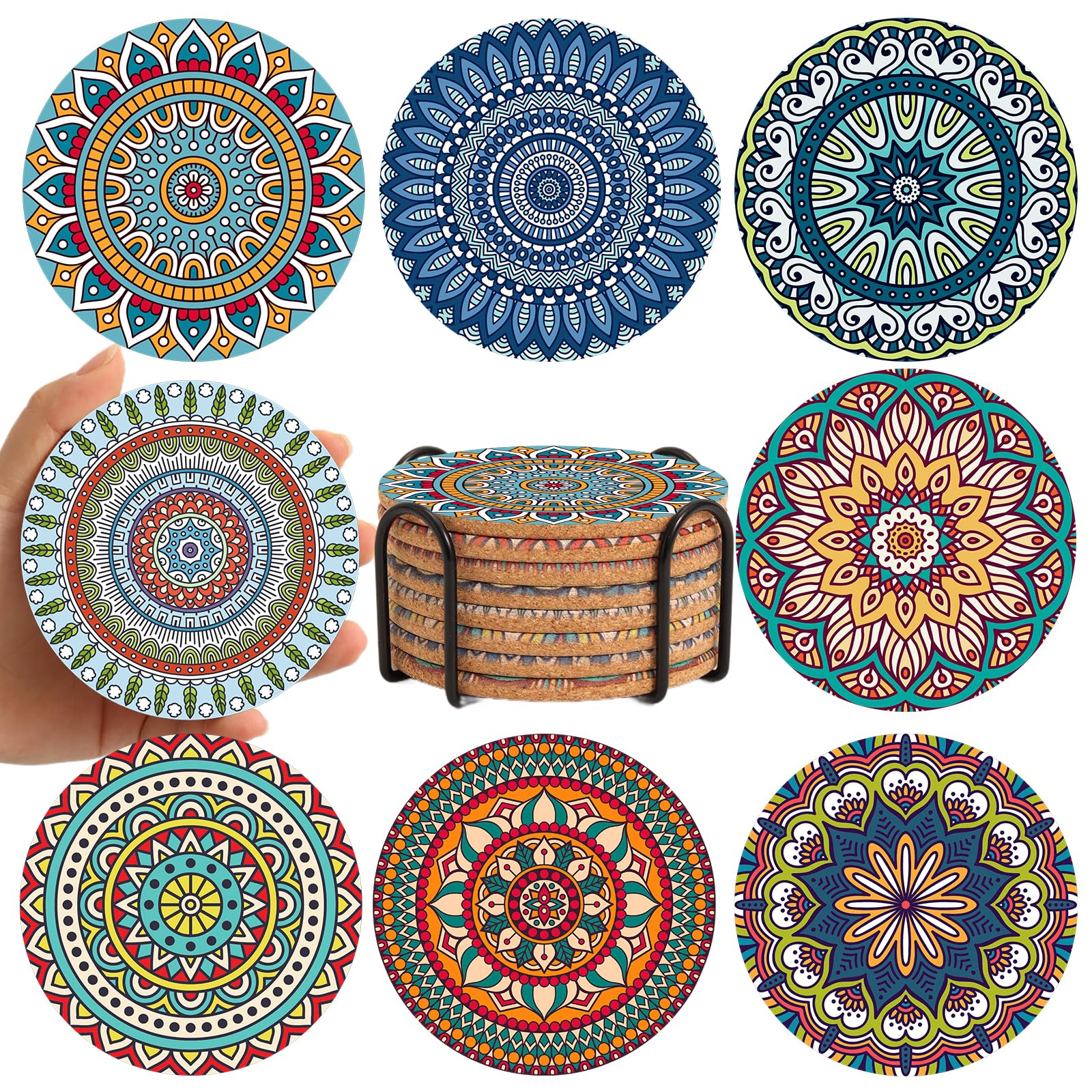 Housewarming Gifts New Home - Colorful Coasters Set of 8,Cork Coaster with Holder,Cute Coaster for Drinks,Boho Coasters for Apartment Home Bar Decor,Boho Gifts to Women(Mandala 5)