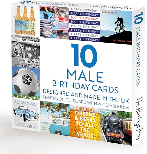 The Heritage Press Male Birthday Cards - Multipack of 10 mixed designs with Envelopes - Beer, Cars, Football Trains and Mountain biking- Eco-friendly, Printed with Vegetable Inks, Made in UK