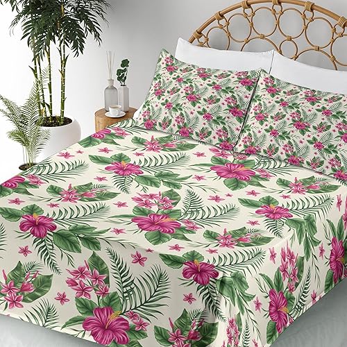 Miniatura 6 de Ambesonne Watercolor Sheet Set, Plumeria and Hibiscus Flora Tropical Island Nature Aloha Hawaii Jungle, Fitted and Flat Sheet with Pillowcase