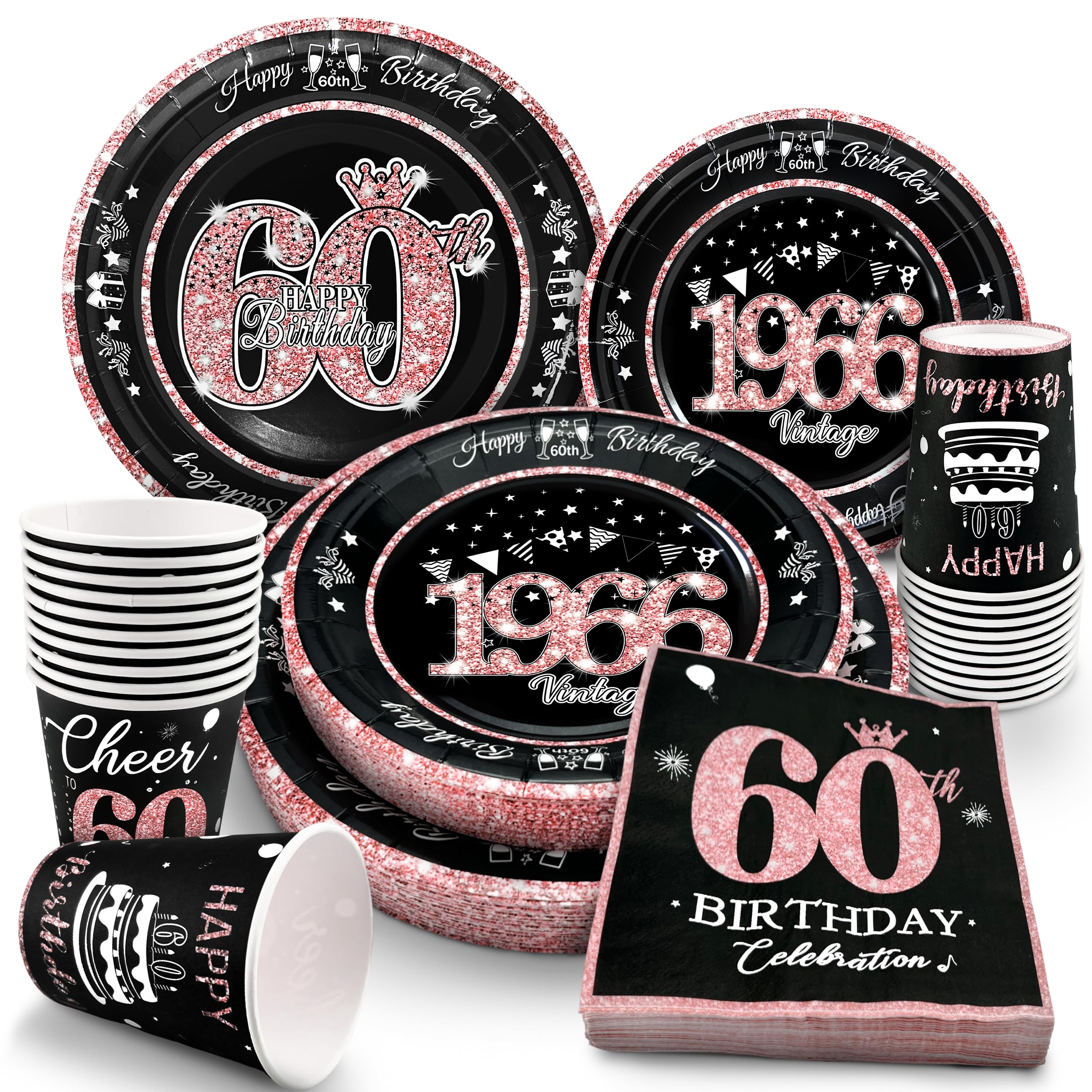 algpty 60th Birthday Decorations Rose Gold, Service for 30, Vintage Party Supplies Includes Rose Gold 1966 Plates, Napkins,Cups 60th Birthday Plates