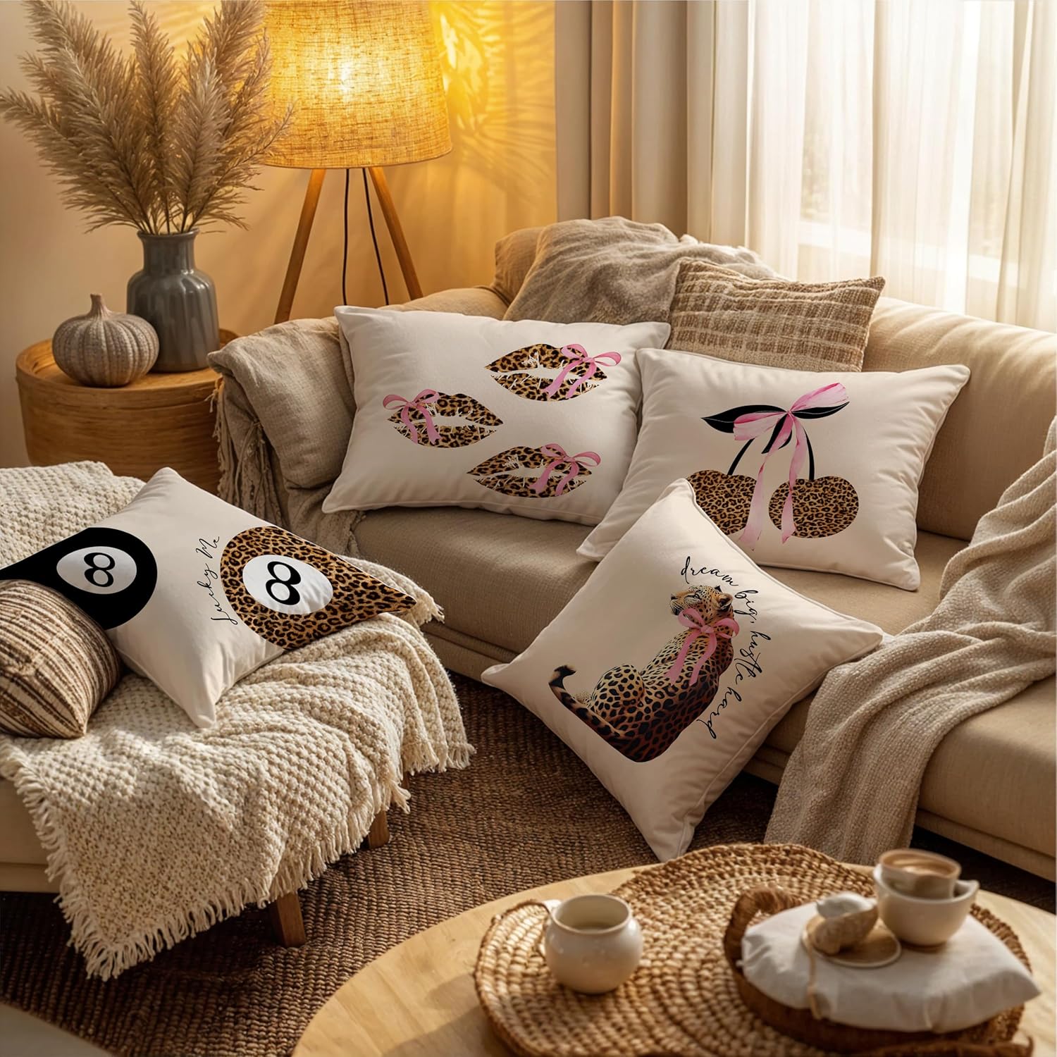 Cherry Leopard Cheetah Pillow Covers 18x18 Double-Sided Set of 4,Trendy Aesthetic Lucky 8 Balls Decor Pillow Cases for Teen Girls Dorm Bedroom, Preppy Leopard Room Decor,Cheetah Print Room Decor