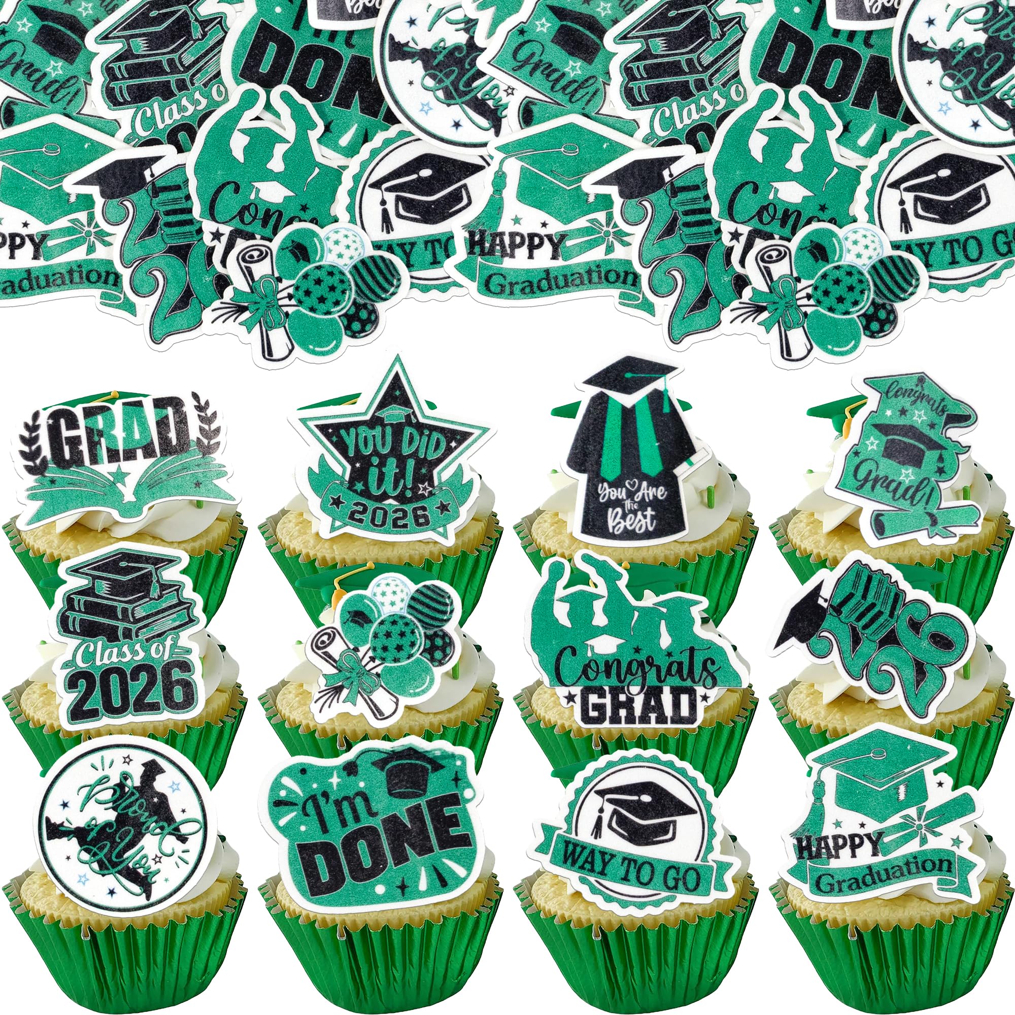 Gyufise 48Pcs Edible Graduation Cap 2026 Cupcake Toppers Wafer Paper Grad Cap Diploma Cake Decoration Picks for 2026 Grad Theme Party Cake Decor Supplies Black Green