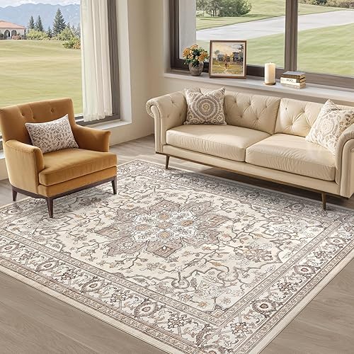 Washable 5x7 Area Rugs: Soft Large Vintage Low Pile Carpet Neutral Farmhouse Non-Slip Stain Resistant Indoor Rug for Living Room Bedroom Dining Room Dorm Office Home Decor,Brown