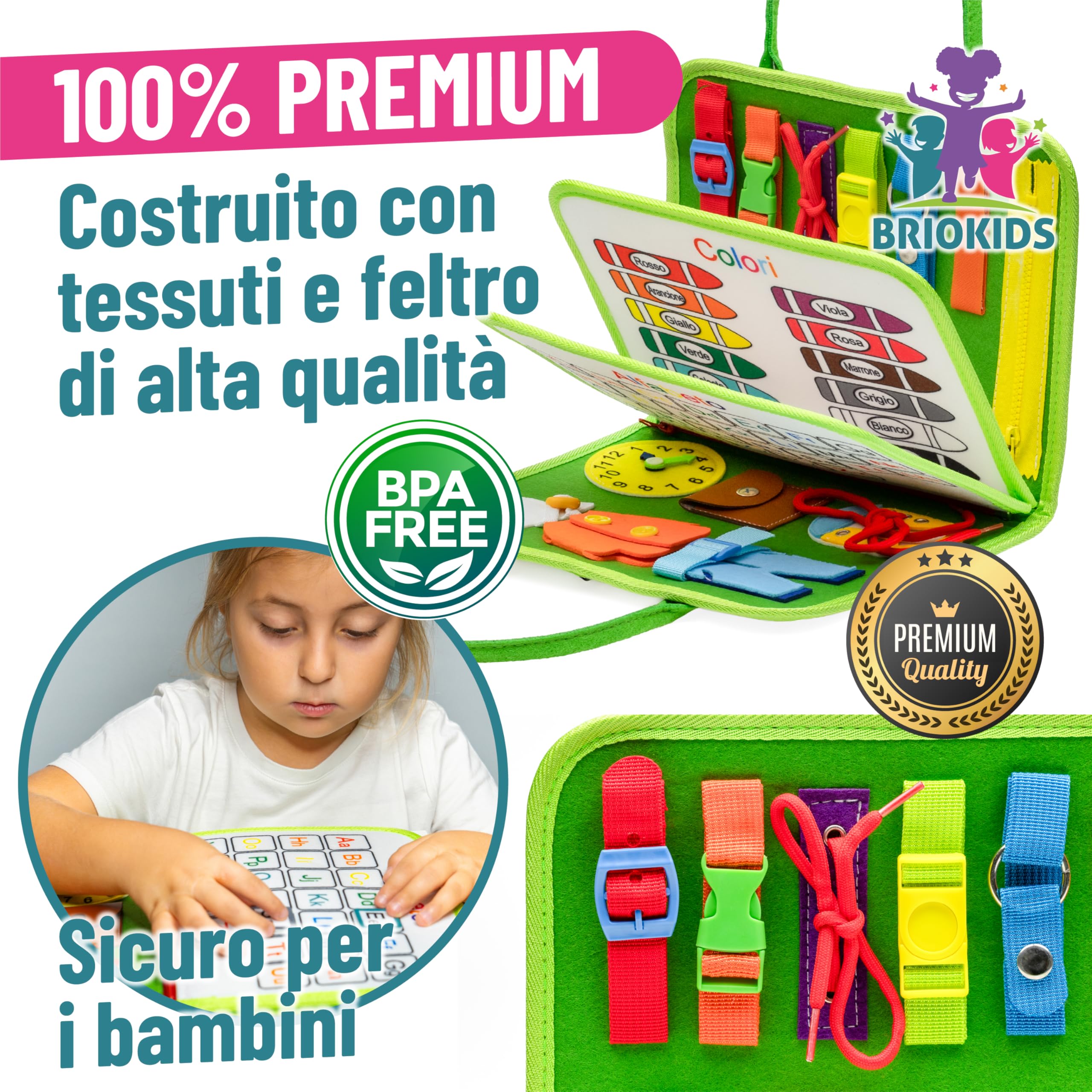 Libro Montessori Interattivo in Feltro - Busy Board Montessori Italiano - Gioco Bambino 2, 3, 4 Anni - Valigetta Sensoriale con Giochi Educativi per Maschio e Femmina per Sviluppo Cognitivo