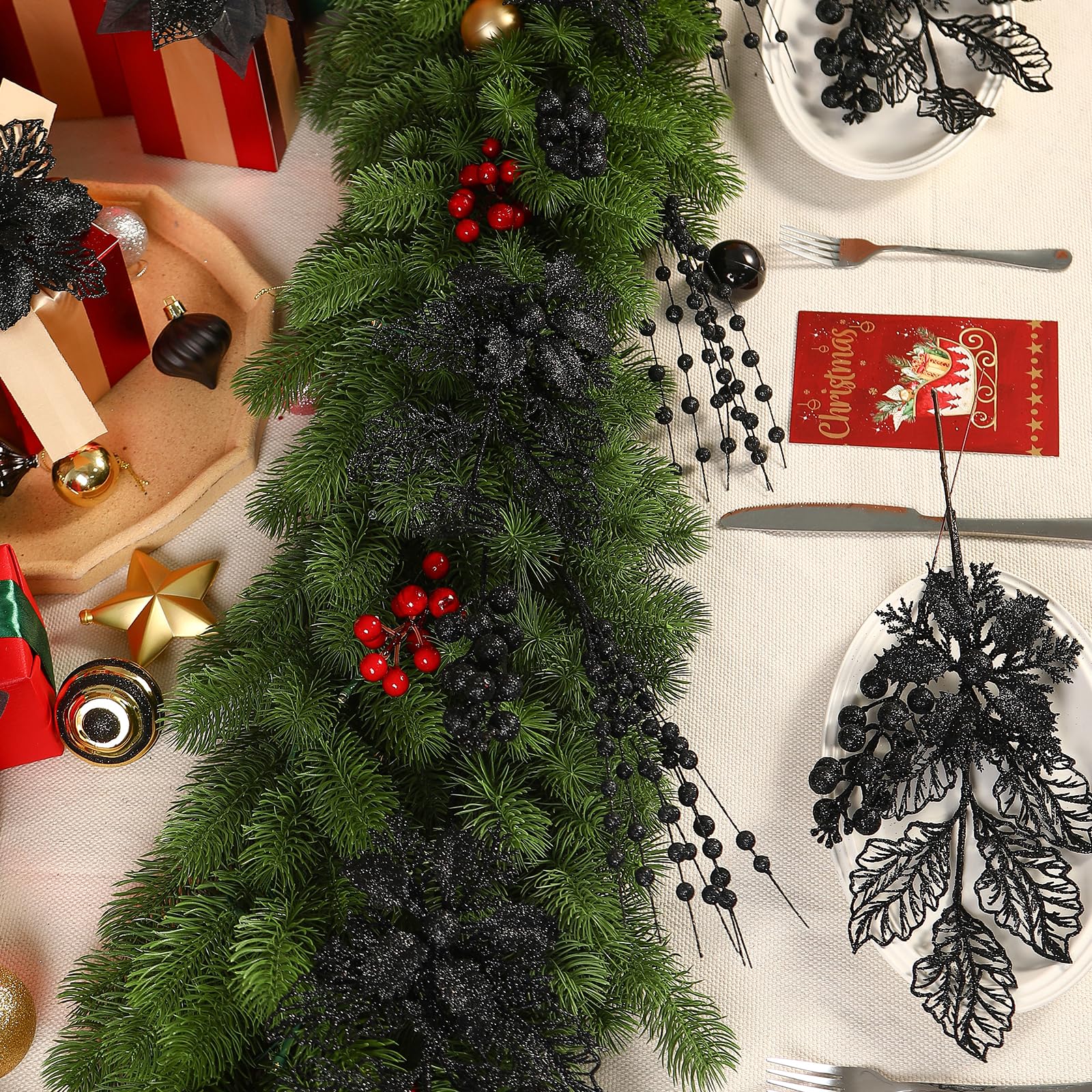 Alupssuc Künstliche Ilex-Beerenzweige und Stechpalmenblätter, Weihnachtsdekoration, künstliche Beeren, Stiele für Baum, Girlande, Kranz, künstliche Weihnachtsdekoration, für drinnen und draußen,