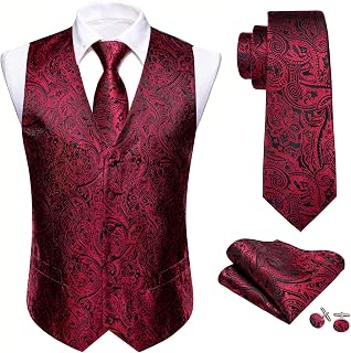 Barry.Wang Mens Paisley Waistcoat Flower Jacquard Silk V-neck Suit Vest and Tie Pocket Square Cufflinks for Wedding Tuxedo Prom
