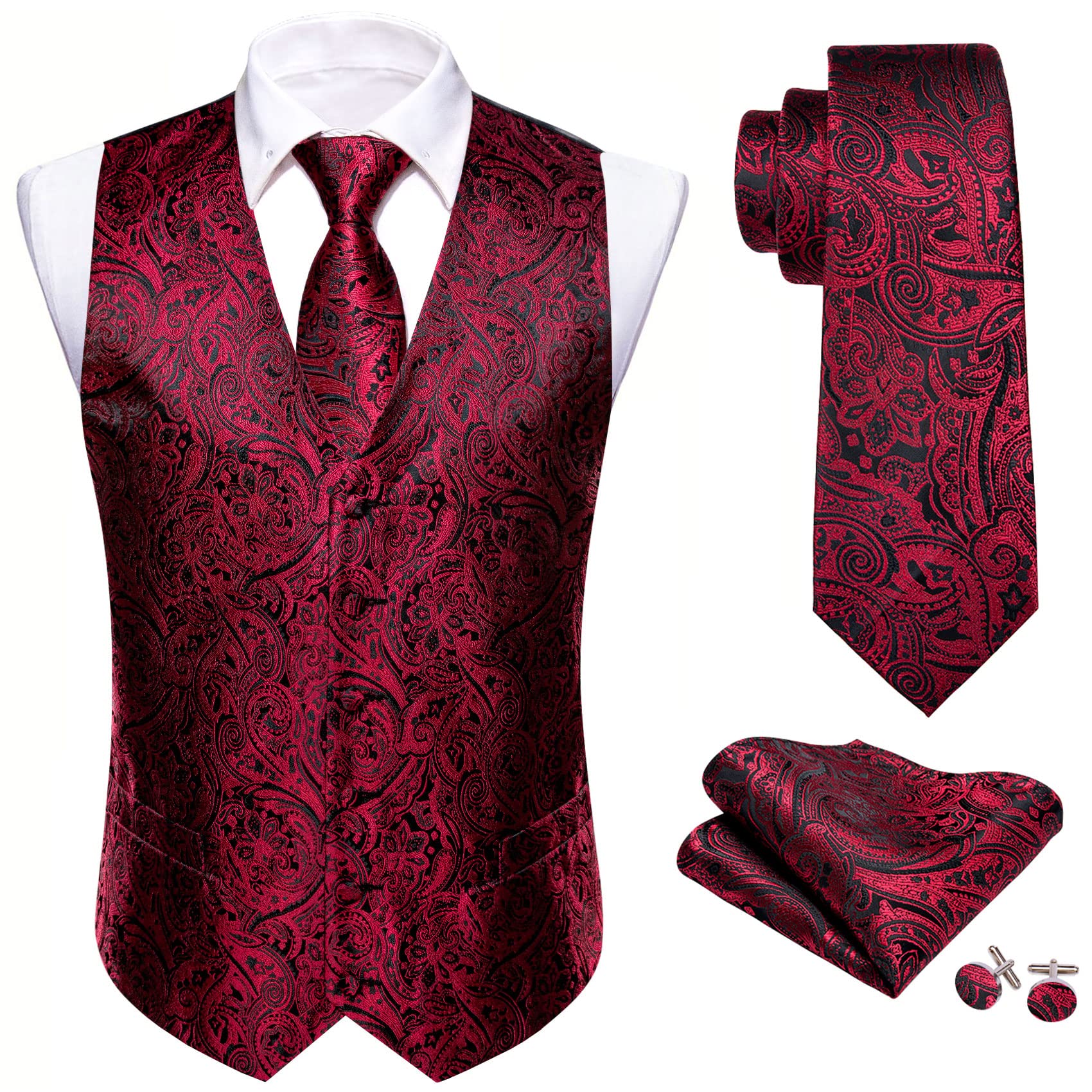 Barry.Wang Gilet cachemire pour homme en soie jacquard avec col en V et boutons de manchette carrés pour mariage, smoking, bal de fin d'année