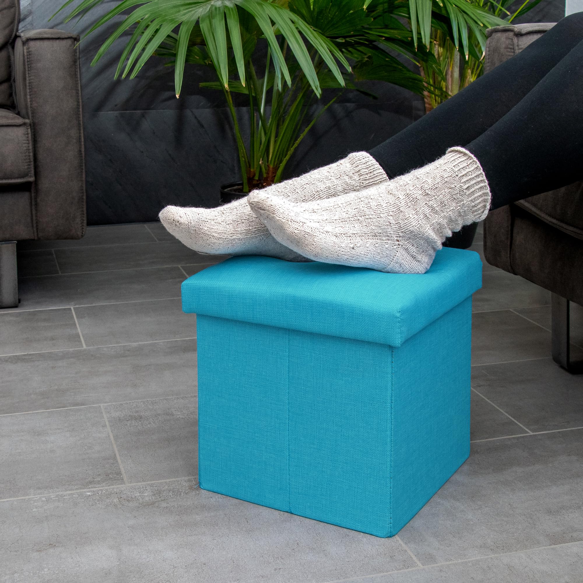 INTIRILIFE Pouf Pieghevole 30x30x30 cm in Blu Celeste - Cassapanca Cubo Contenitore Imbottito de Tessuto a l'Ottica Lino con Coperchio - Ottomane Poggapiedi Sgabello Panca Poltrona