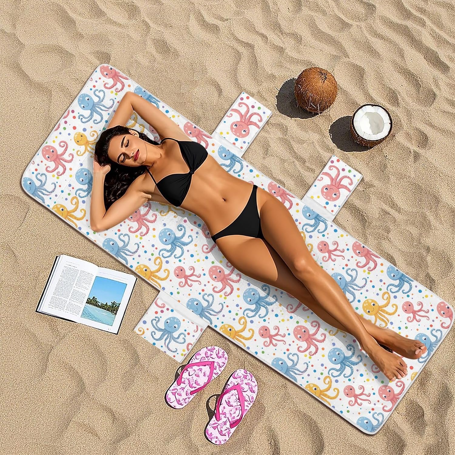 Lounge Chair Towel Cover Summer Beach Chair Lounge Cover with Pockets, Cartoon Octopus Polka Dots Portable Soft Absorbent Outdoor Chaise Towel Covers for Pool Patio Garden Sunbathing, 85'' x 30''