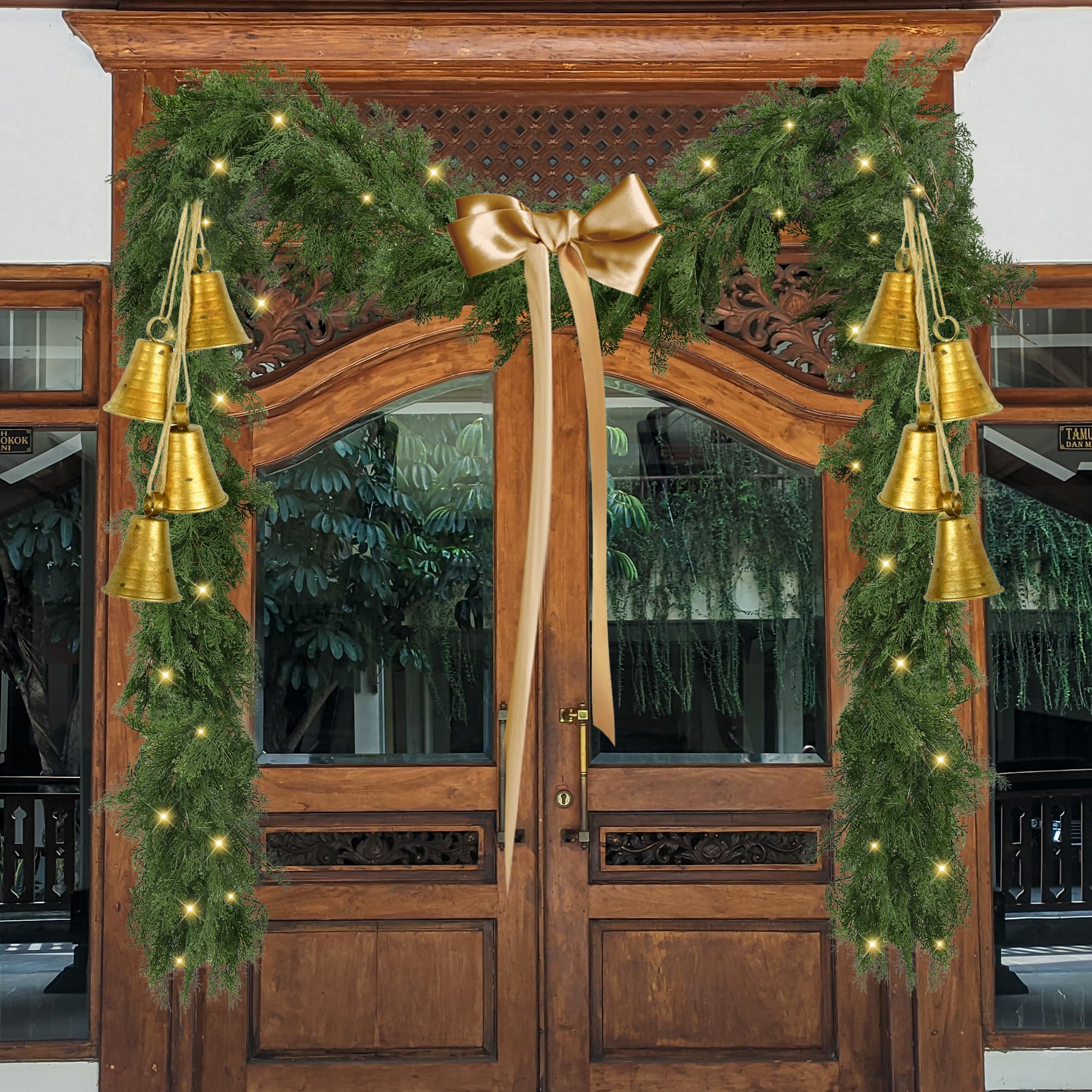Sggvecsy Weihnachtsgirlande aus Zedernholz, künstliche Tannenzypresse, realistische Grüngirlande für Tisch, Wand, Kaminsims, Innenkamin, Zuhause, Urlaub, Winter, Weihnachtsdekoration (2 Stück)