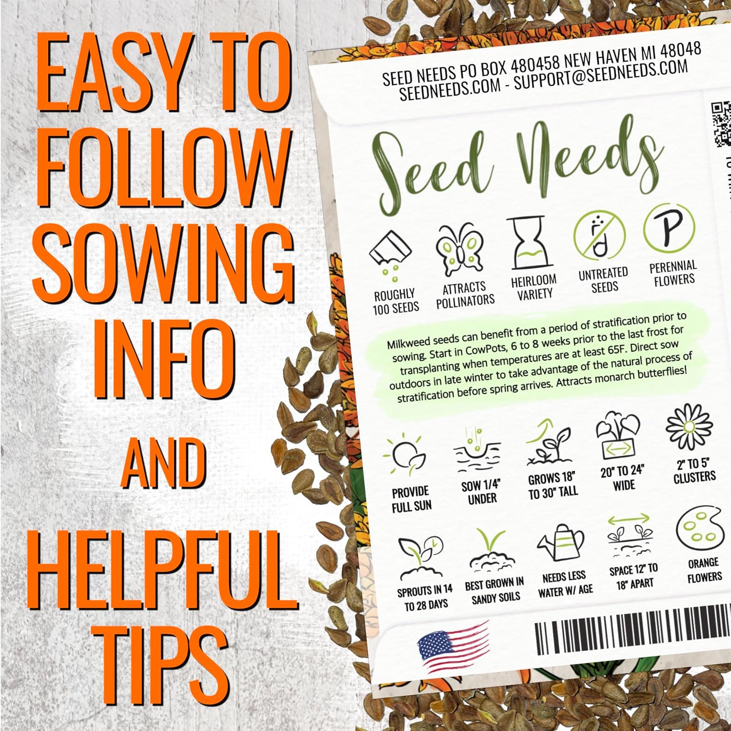 Seed Needs Orange Milkweed Seeds for Planting Butterfly Weed - Heirloom & Untreated Perennial Flower Seed to Grow a Monarch Butterfly Garden (20 Packs)