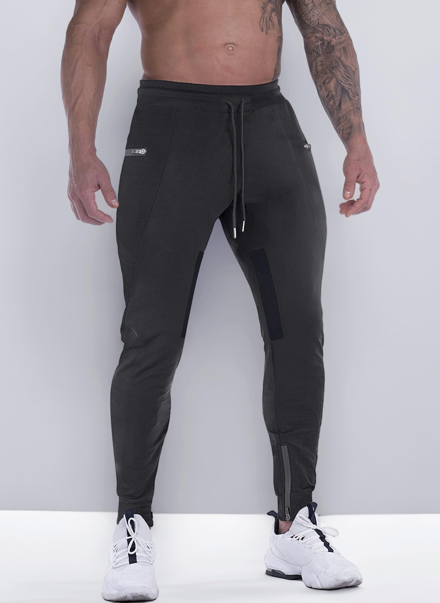 Mens Joggers Sweatpants Slim Fit Workout Training Thigh Mesh Gym Jogger Pants with Zipper Pockets