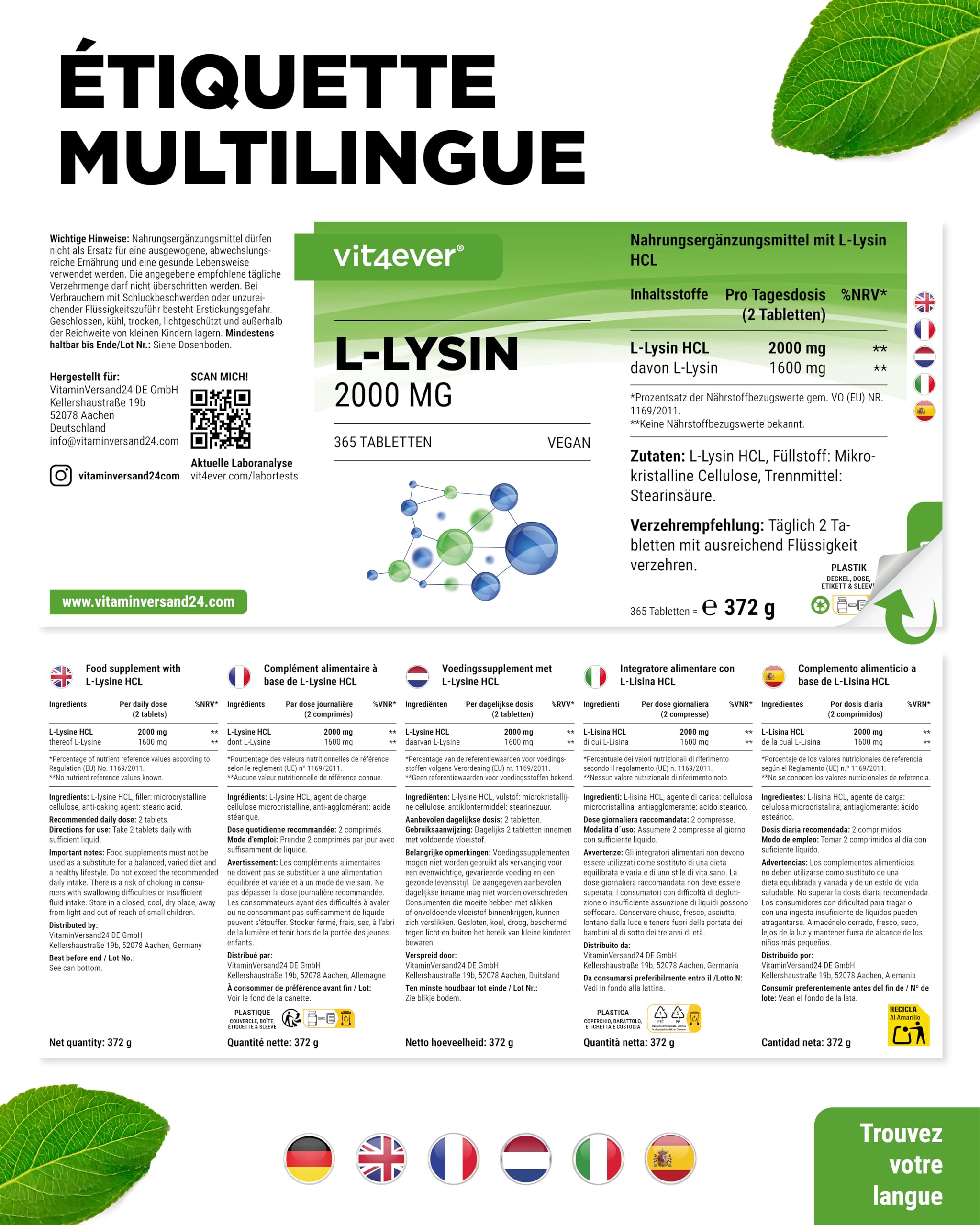L-Lysine - 365 Comprimés - Fortement Dosé avec 2000 mg de L-Lysine HCL par Jour - Issu de Fermentation Végétale - sans Additifs Indésirables - Végétalien