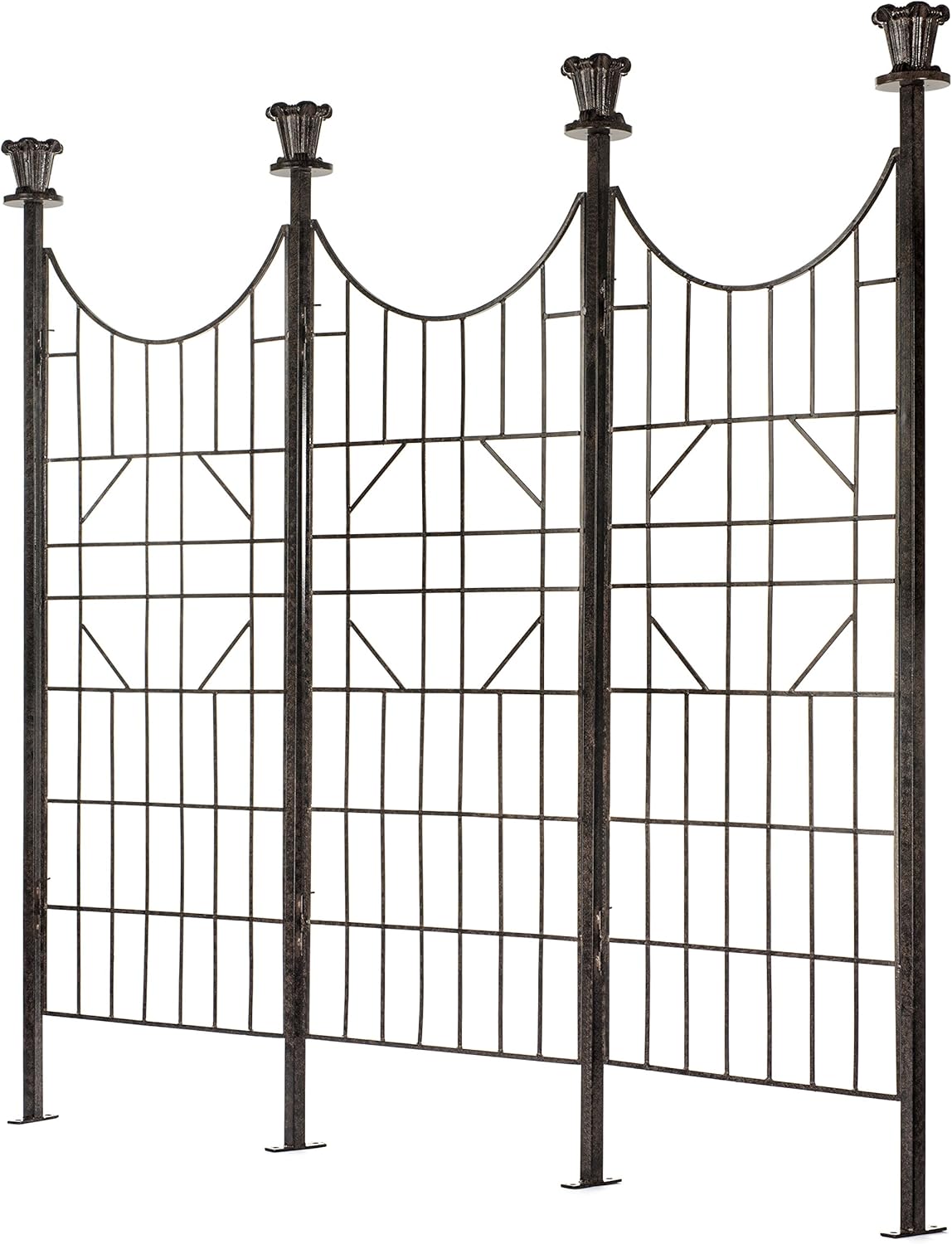 H Potter 3-Panel Outdoor Privacy Screen Trellis, 7 ft W x 6.5 ft H, 70-lb Heavy Iron Garden Screen for Patio, Deck & Hot Tub, Straight or Curved Config, Ground Spikes