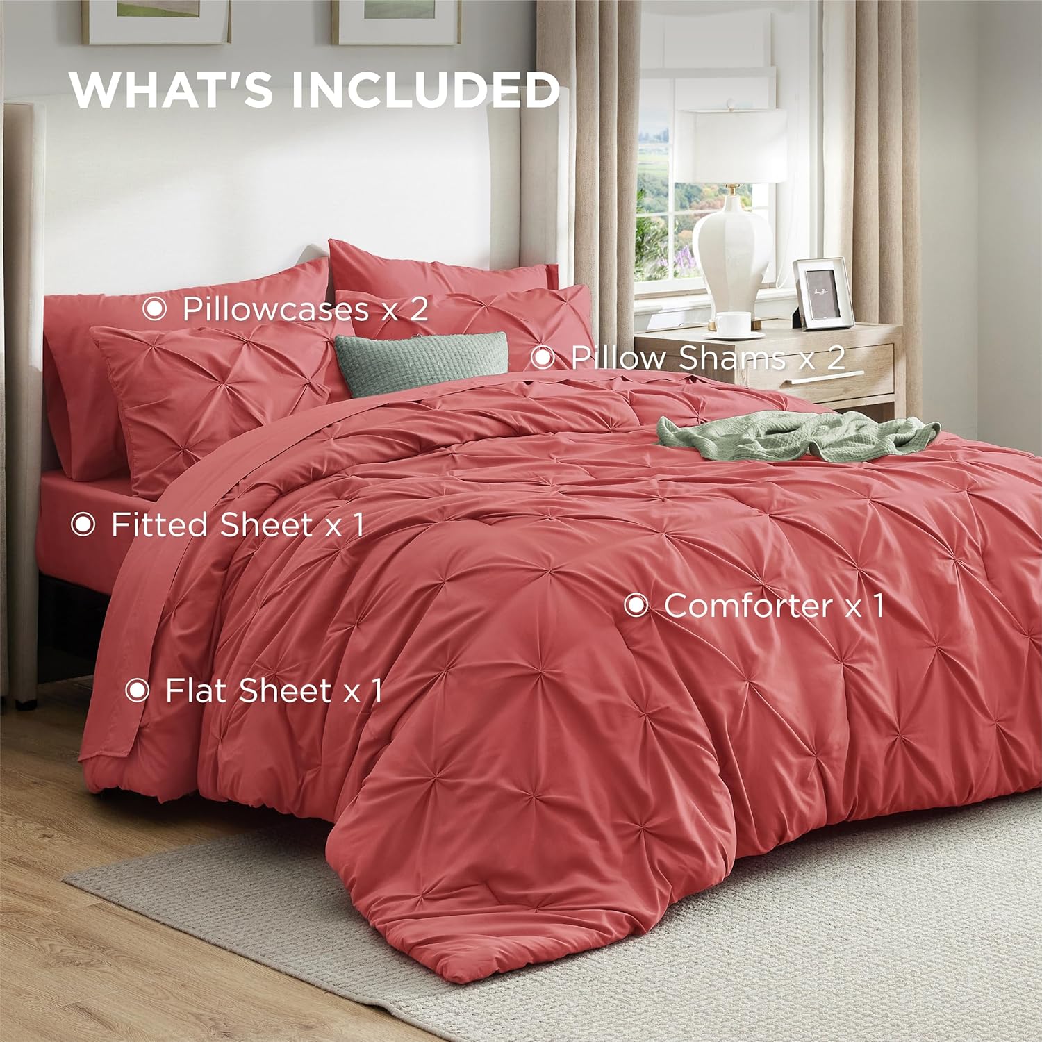 Bedsure Queen Comforter Set Coral Red - Bed in a Bag Queen Size Bedding 7 Pieces, GentleSoft™ Pintuck Bed Set Gift for Family, Pinch Pleat All Season Comforter with Sheets, Pillowcases & Shams - Image 9