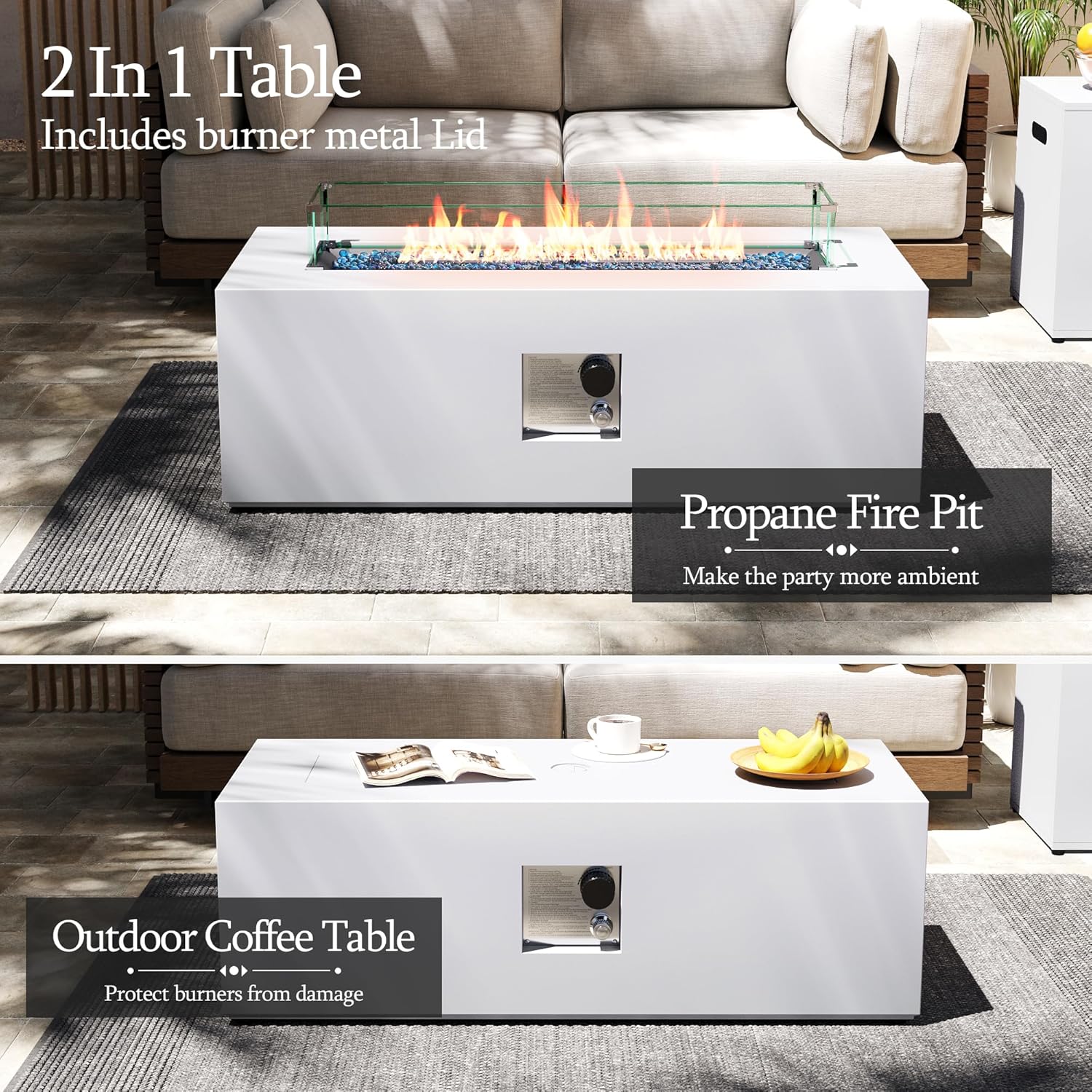 UPHA 42-inch Outdoor Propane Gas Fire Pit Table 50000 BTU Iron Rectangle Firepit for Outside Patio with Tank Hidden Table, Wind Guard, Removable Lid, Gold Glass Rocks, Rain Cover, White
