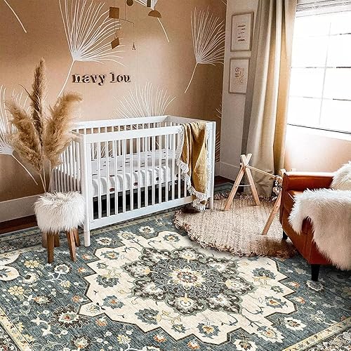 Miniatura 3 de Alfombra oriental lavable de 5 x 8 pies, alfombra suave para sala de estar, dormitorio, impermeable, floral, envejecida, resistente a las manchas,