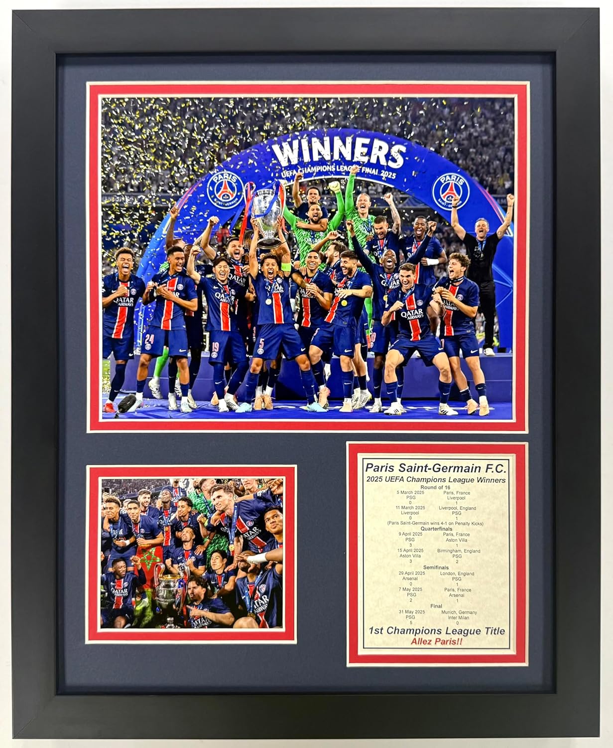 Legends Never Die, Inc. 2025 UEFA Champions League Champions | PSG Football Club | PSG Soccer Collectible |12"x15" Framed Double Matted Photo Collage