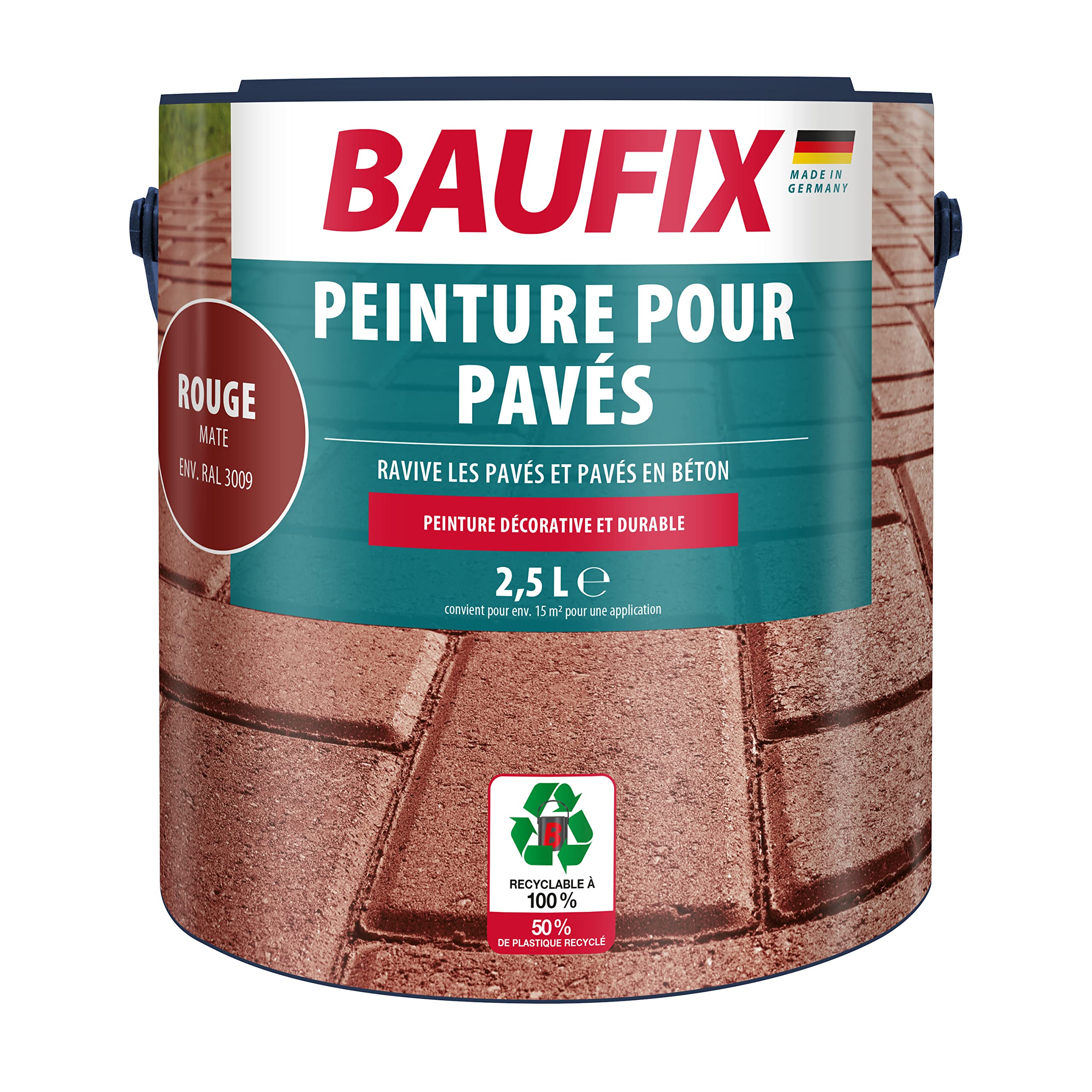 Baufix Peinture pour Pavés rouge, mate, 2.5 litres, Peinture sol & béton, Bonne adhérence sur béton et pavés, protection longue durée contre les intempéries