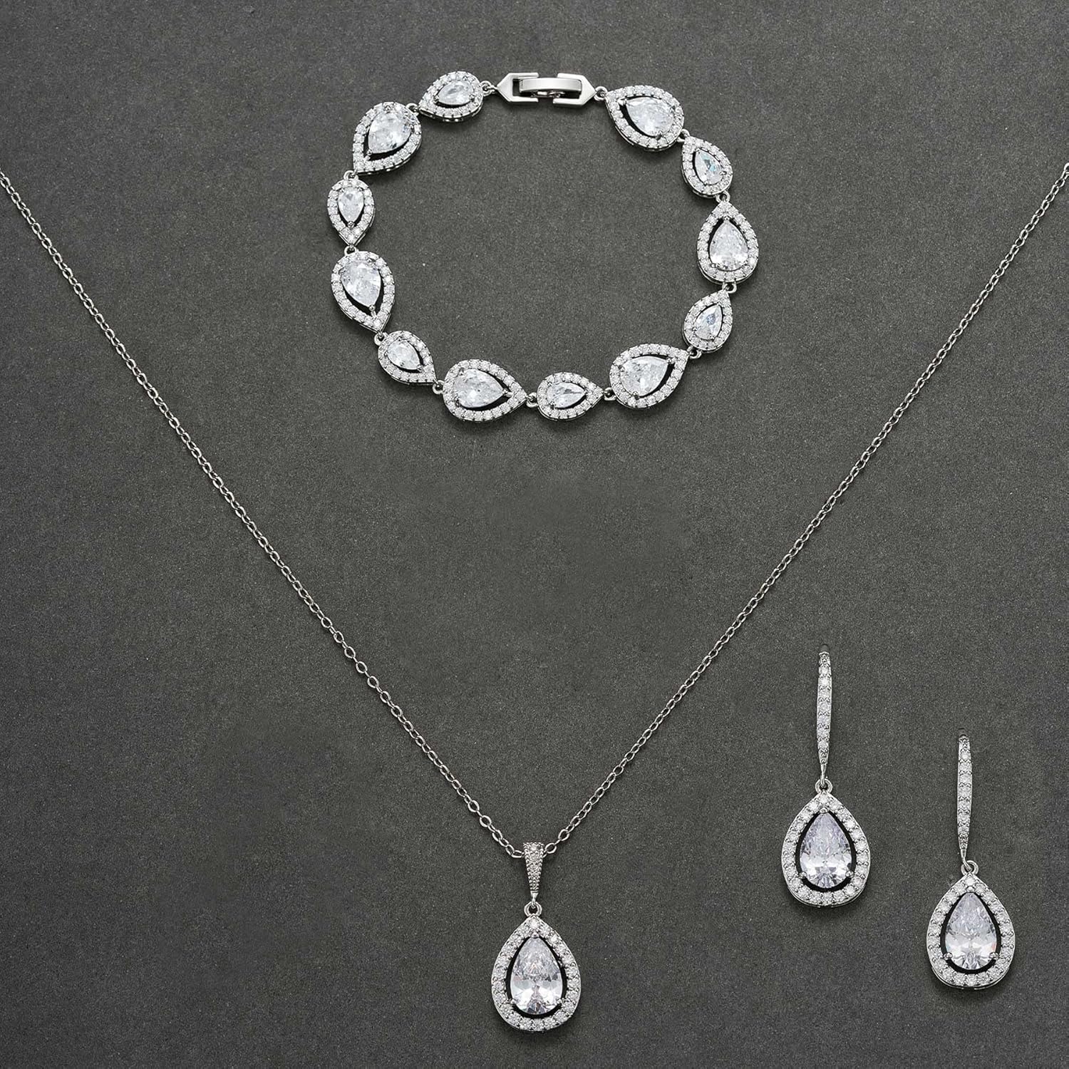 SWEETV Jewelry Set for Women, Teardrop Cubic Zirconia Bridal Backdrop Necklace Earrings Set, Wedding Party Prom Jewelry for Bride Bridesmaid - Image 5