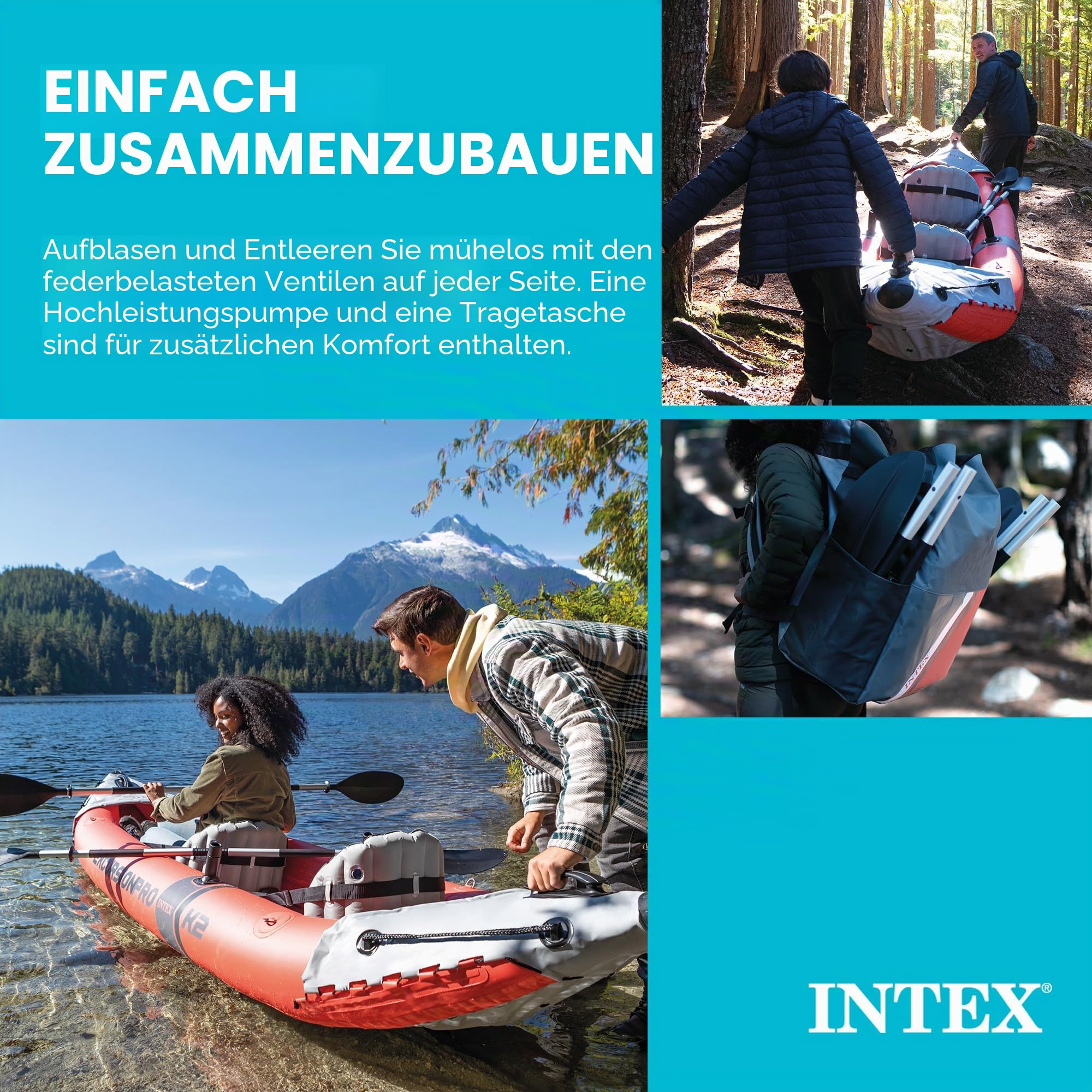 INTEX Excursion Pro Aufblasbare Kajak-Serie - inklusive Deluxe 218.4 cm Kajakpaddel und Hochleistungspumpe - SuperTough PVC - Verstellbarer Schalensitz - Angelrutenhalter - Haltegriffe