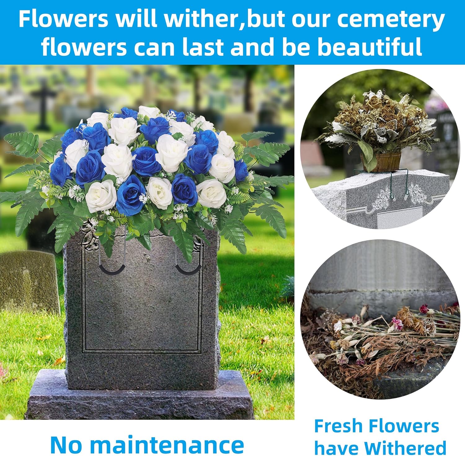 Cemetery Headstone Flower Saddle,Artificial Cemetery Flower Saddles for Graves,Artificial Rose Cemetery Memorial Flowers for Outdoor Tombstone Headstone Decorations (Dark Blue)