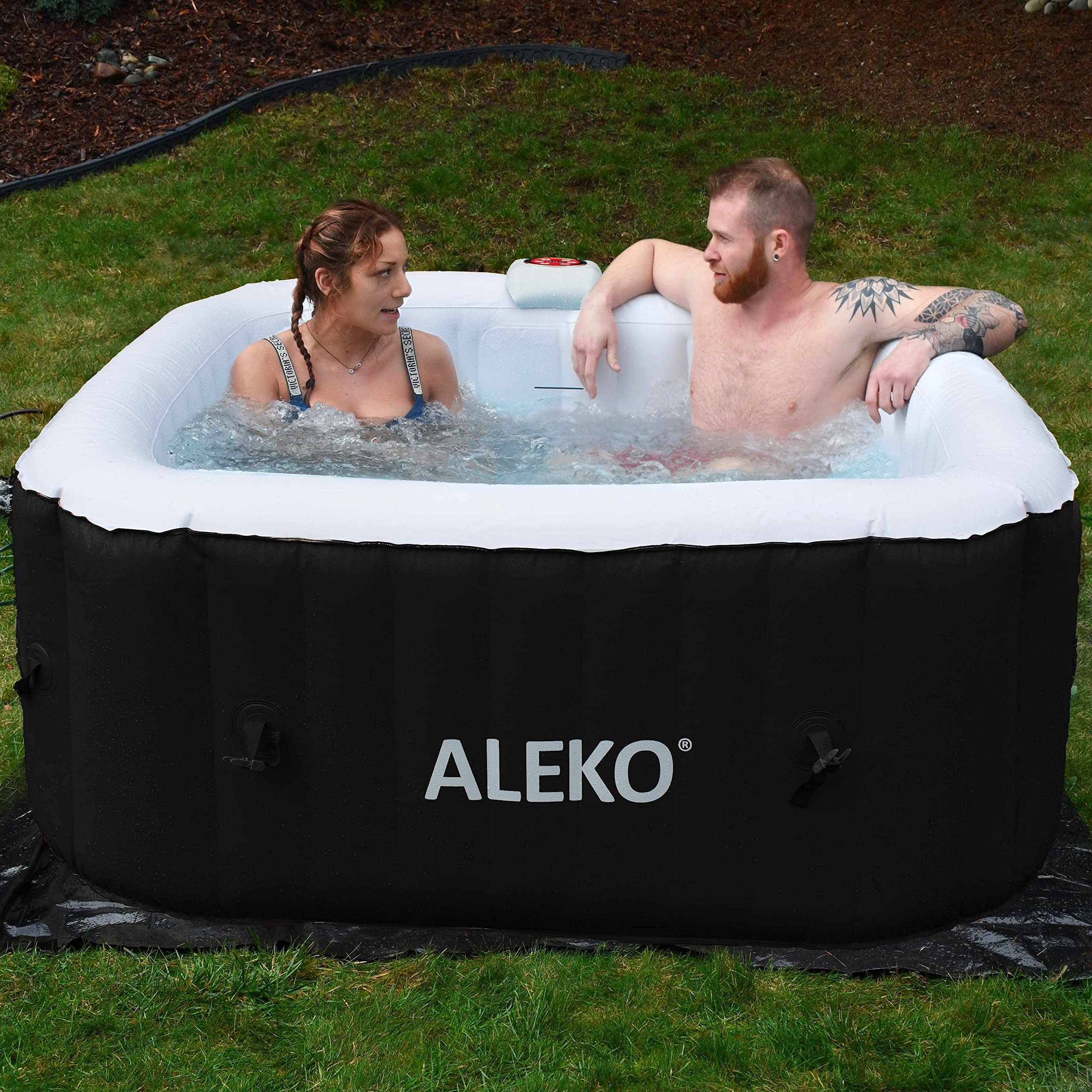 ALEKO 4-Person Inflatable Hot Tub | Square 160 Gallon | Spa Tub with Fitted Cover| 100-130 Bubble-Jets, Hot Tub Spa with 3 Filters | 5ft Wide Outdoor Hot Tub | (Black and White HTISQ4BKWH)