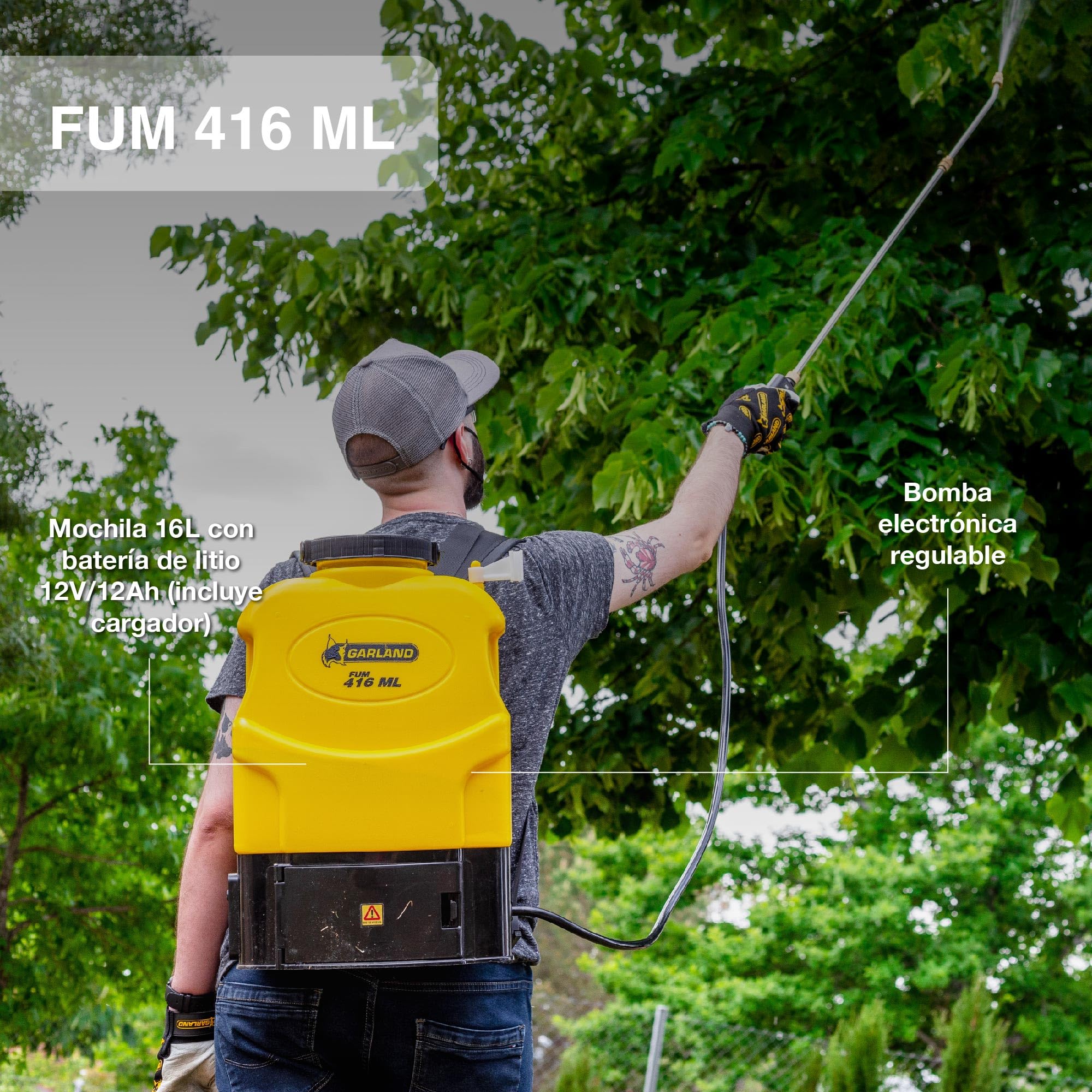 GARLAND FUM 416 ML-V23 - Pulverizador Mochila batería 16L, fumigadora batería Litio 12V 12Ah, Lanza y 4 boquillas, Sistema TSS, autonomía 7h, voltímetro, Recargable