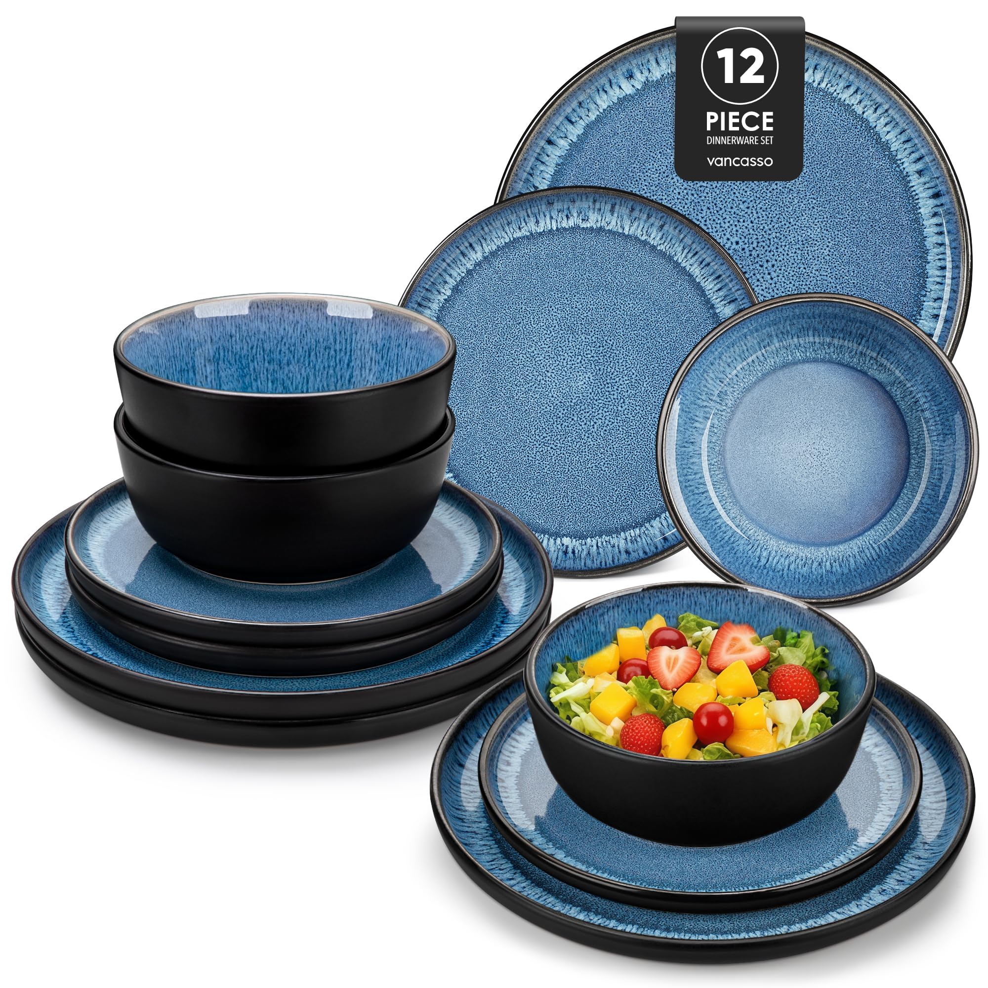 vancasso Playa Blue Dinner Set for 4, 12-Piece Mediterranean Stoneware Crockery Set, Reactive Glaze Dinner Service with Dinner Plates, Dessert Plate and Cereal Bowls